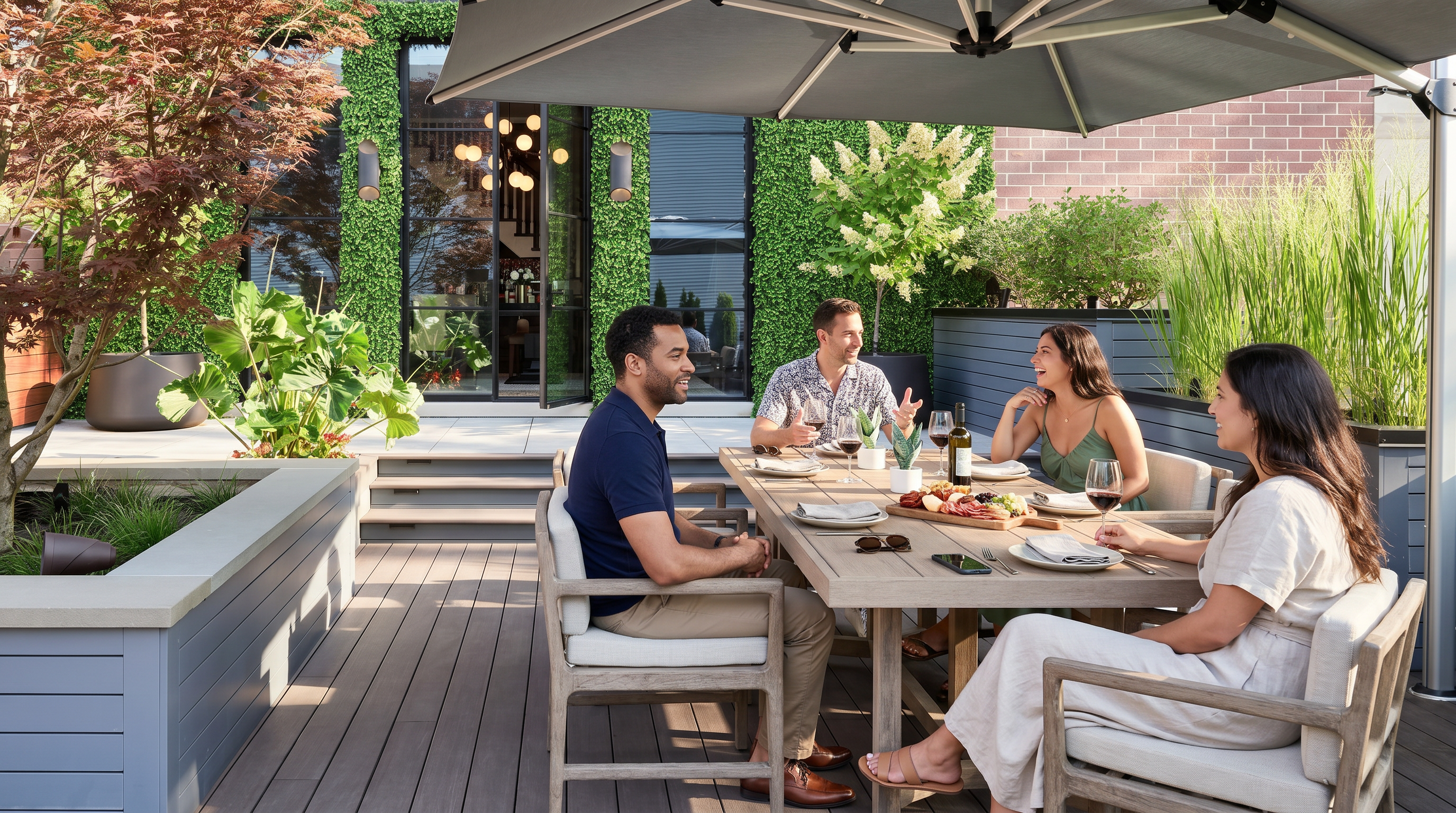 This sophisticated outdoor deck serves as a private oasis, featuring a modern wooden dining set and comfortable cushioned chairs shaded by a large cantilever umbrella. The space is beautifully landscaped with vibrant greenery, planters, and a striking vertical garden wall that creates a lush, serene atmosphere perfect for entertaining. The seamless transition from the deck to the building's interior glass doors adds to the overall sense of refined, contemporary residential living.