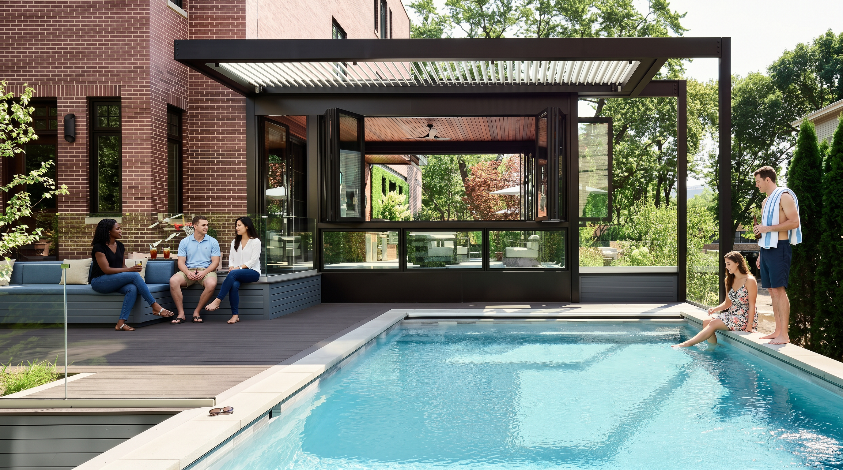 This luxury outdoor living space features a modern in-ground pool adjacent to a spacious composite deck with built-in seating for entertaining. The area is anchored by a high-end, contemporary pergola with integrated louvered roof panels and folding glass doors that seamlessly connect the indoor and outdoor spaces. The combination of brick architecture, lush landscaping, and sophisticated design elements creates a premium, resort-like atmosphere perfect for hosting.