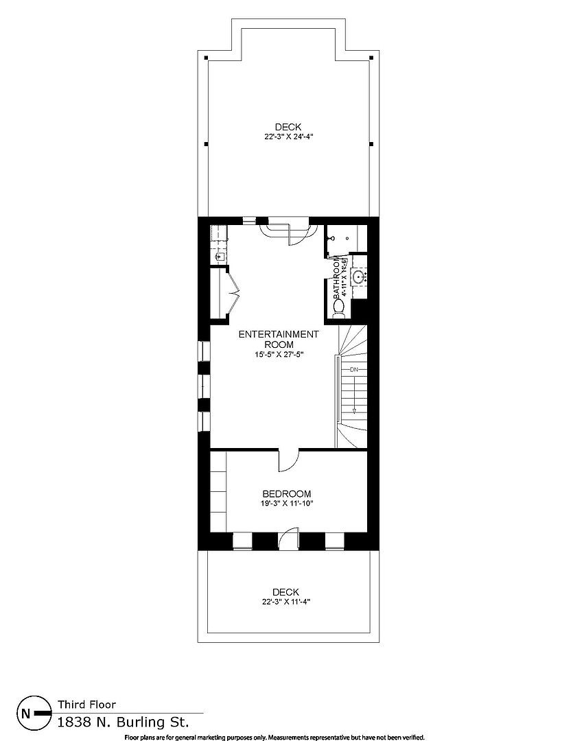 This image is a 2D architectural floor plan for the third floor of a residence located at 1838 N. Burling St. The layout features a large entertainment room, a bedroom, a bathroom, and two spacious decks on opposite ends of the floor. The drawing provides a clear, top-down perspective of the spatial arrangement, including the placement of stairs and structural elements.