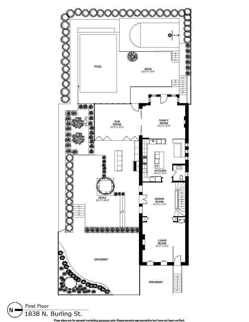 This is a detailed architectural floor plan for the first floor of a residence located at 1838 N. Burling St. The layout features a spacious interior with a living room, dining room, kitchen, family room, and sunroom, alongside an expansive outdoor area that includes a patio, deck, and pool. The top-down perspective provides a clear overview of the home's flow and its integration with the outdoor living spaces.