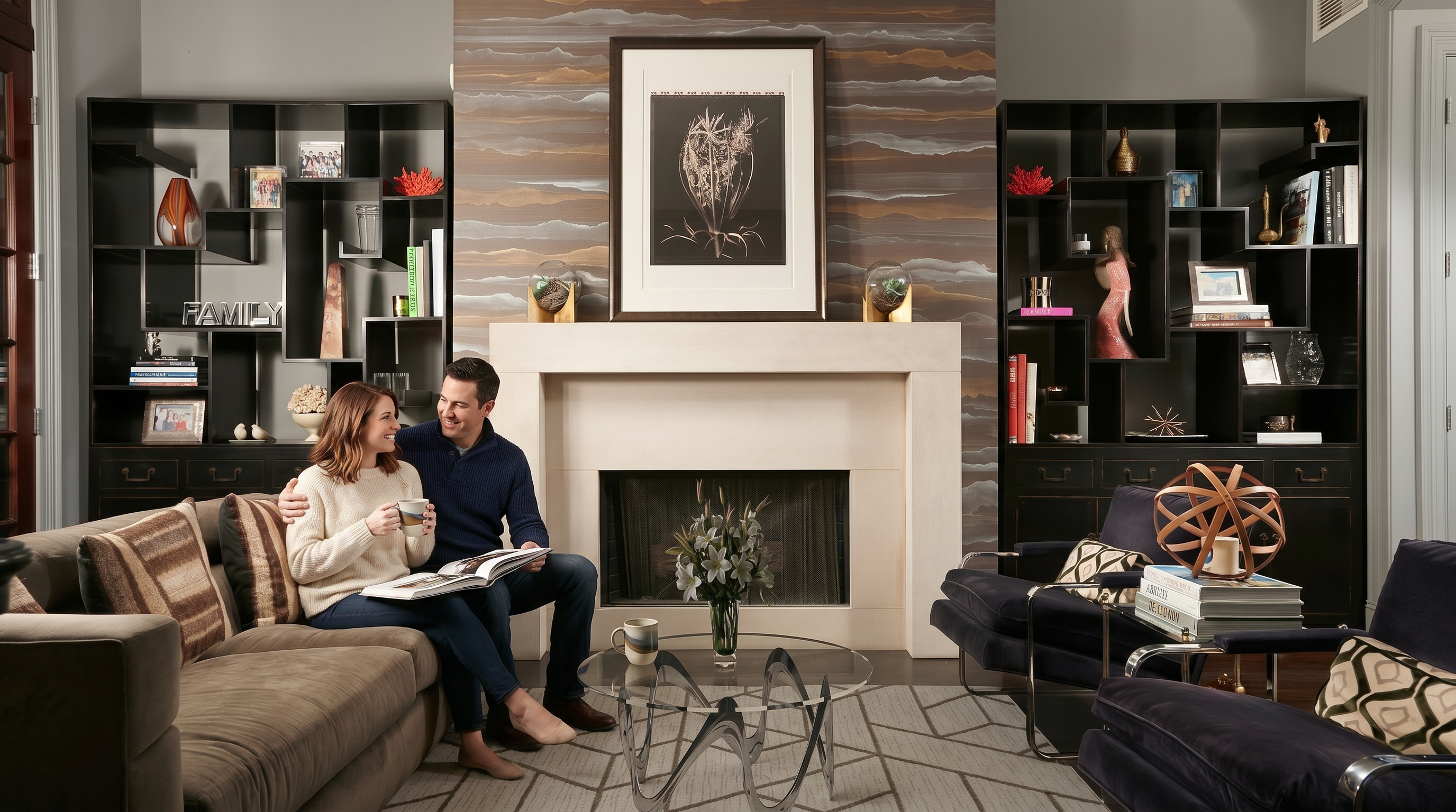 This sophisticated living room features a striking fireplace as its central focal point, flanked by custom floor-to-ceiling built-in shelving units in a dark finish. The space is elegantly furnished with a plush brown sofa and navy velvet accent chairs, set atop a modern geometric area rug. A couple relaxing on the couch highlights the warm, inviting atmosphere and high-end aesthetic of this well-curated living space.