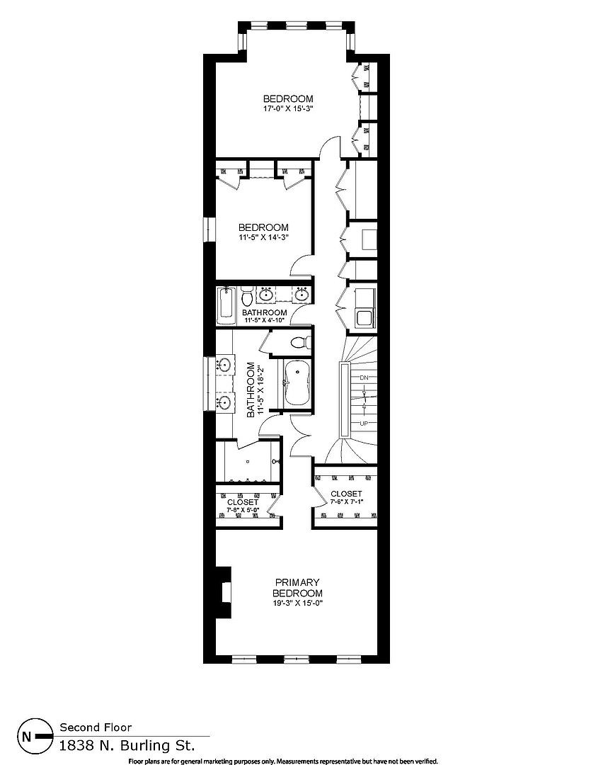 This image is a detailed 2D floor plan of the second floor of a residential property located at 1838 N. Burling St. The layout features a primary bedroom with a walk-in closet, two additional bedrooms, two bathrooms, and a central hallway with a staircase. The architectural drawing provides a clear, top-down perspective of the spatial arrangement and room dimensions.