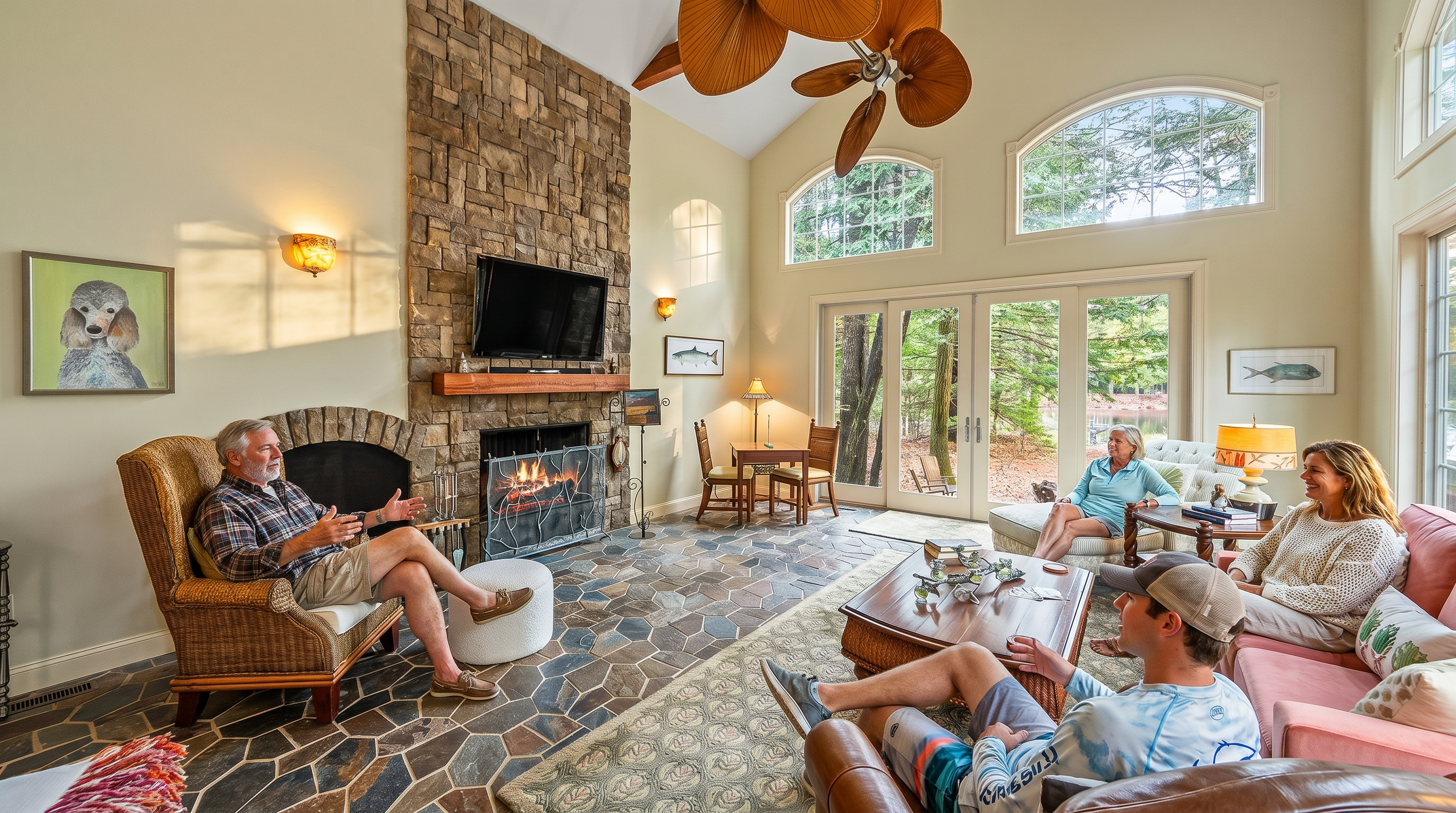 This spacious living room features a dramatic vaulted ceiling with exposed wooden beams and a striking stone fireplace that serves as the focal point. The room is anchored by a unique flagstone floor and large windows that provide abundant natural light and a scenic view of the wooded exterior. A blend of comfortable seating, including a wicker armchair and a plush pink sofa, creates a warm and inviting atmosphere.