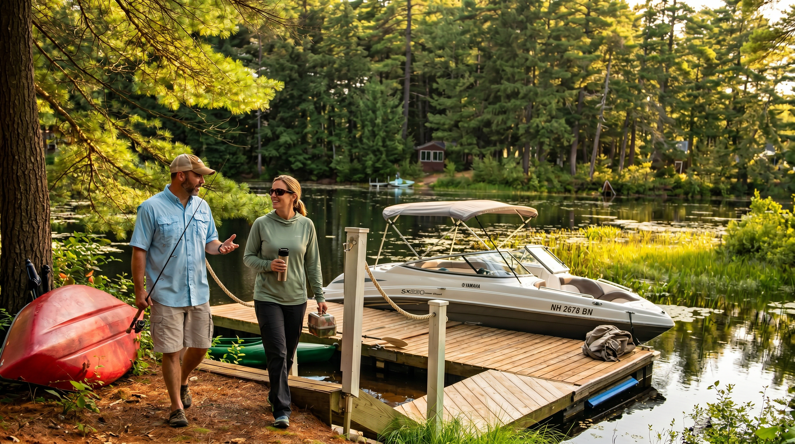 This serene waterfront scene features a wooden dock extending into a calm, lily-pad-dotted lake, with a Yamaha motorboat moored alongside. A red kayak rests on the grassy, pine-shaded bank in the foreground, while a dense forest of tall trees frames the tranquil water. The perspective is a ground-level shot looking out from the shoreline, capturing a peaceful and recreational outdoor living space.
