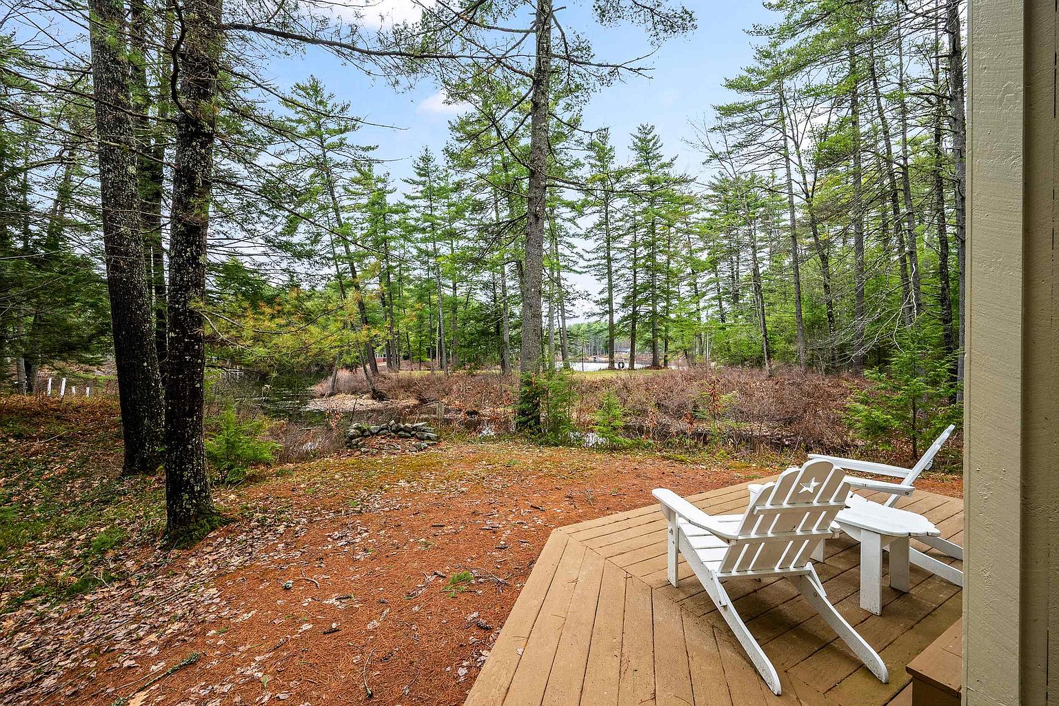 This image captures a serene wooden deck featuring two white Adirondack chairs overlooking a tranquil, wooded landscape. The perspective is from the edge of the deck, looking out toward a natural, slightly marshy area and a dense forest of tall pine trees. The scene evokes a peaceful, rustic atmosphere perfect for relaxation and enjoying nature.
