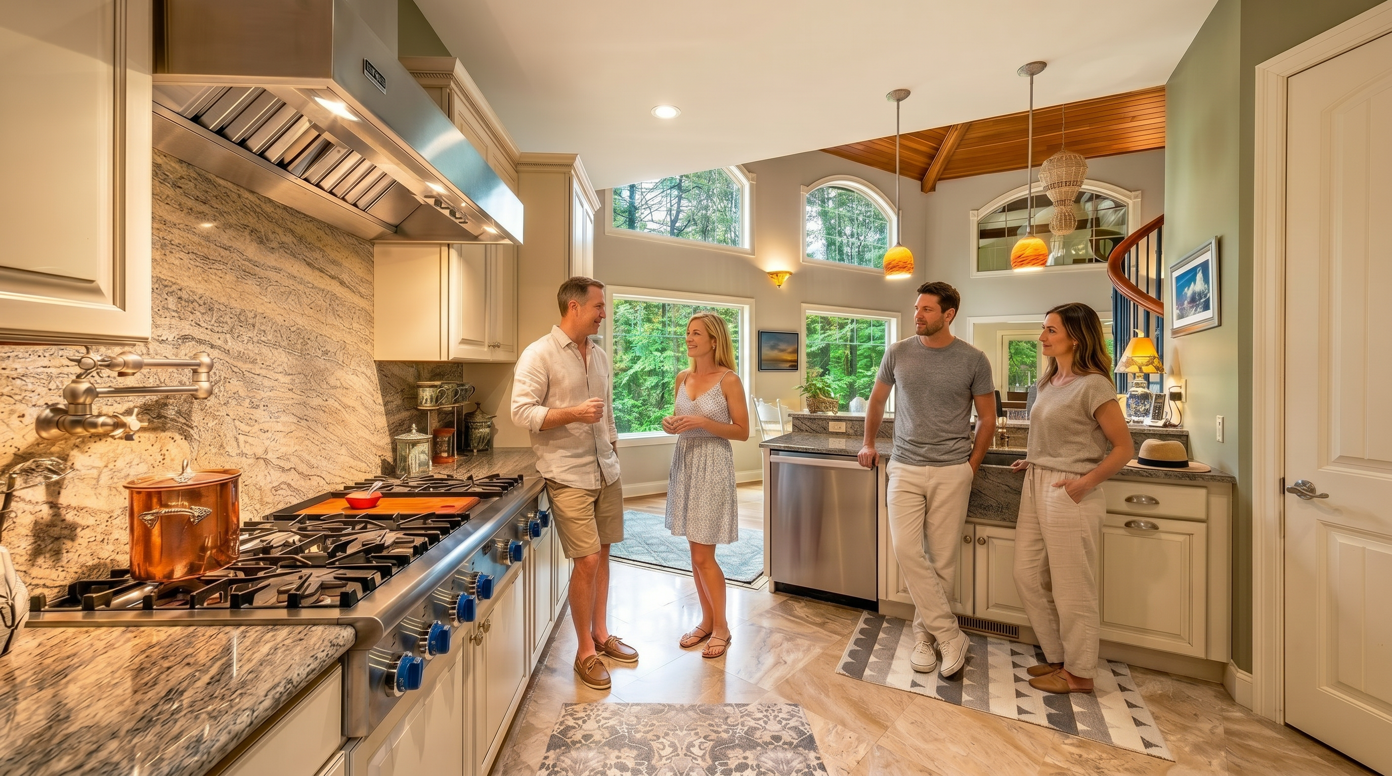 This elegant, high-end kitchen features custom cream-colored cabinetry, professional-grade stainless steel appliances, and expansive granite countertops. The space is bathed in natural light from large, multi-level windows that overlook a lush, wooded backyard, creating an airy and inviting atmosphere. A unique architectural touch is the spiral staircase visible in the background, which adds a sophisticated, open-concept feel to the home's interior.