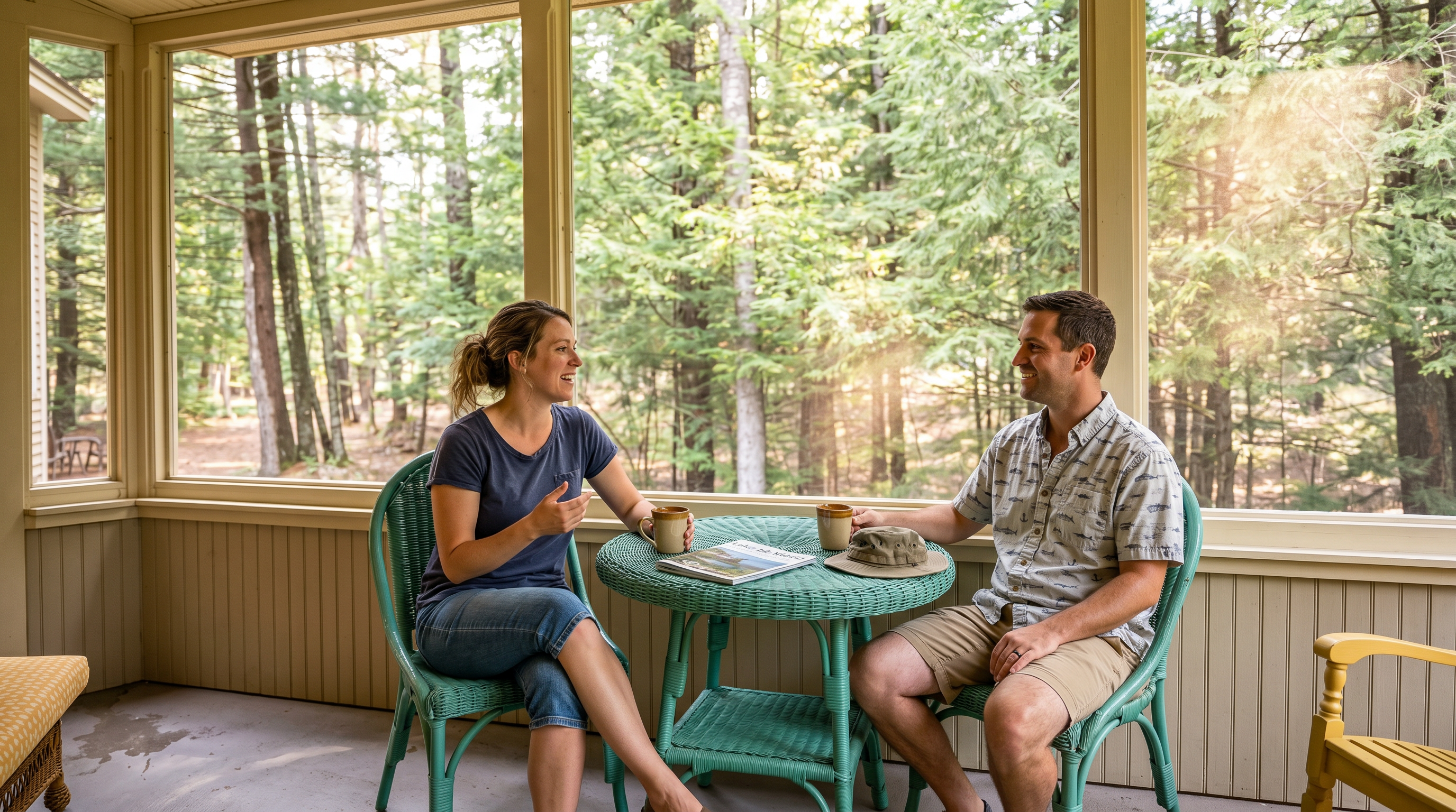 This inviting screened-in porch offers a serene retreat with a view of the surrounding forest, featuring a comfortable wicker chaise lounge, a small bistro set, and two wooden rocking chairs. The space is finished with a neutral area rug, a ceiling fan, and large windows that flood the room with natural light, creating a peaceful indoor-outdoor living experience. The perspective is a wide-angle shot from the corner of the room, capturing the entire seating arrangement and the lush greenery outside.