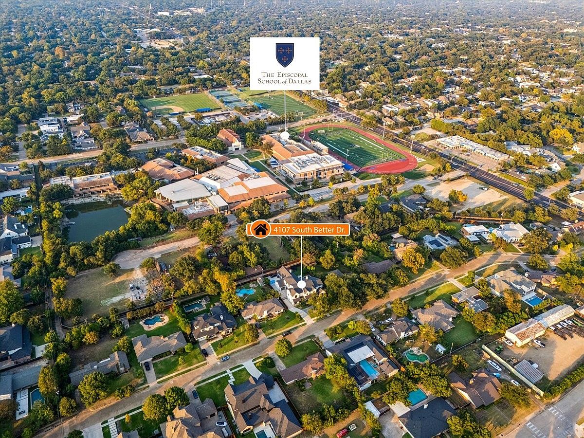 This aerial view showcases a residential neighborhood with lush greenery and well-maintained homes, some featuring private pools. The Episcopal School of Dallas is visible in the background, adding to the area's appeal. The perspective provides a comprehensive overview of the neighborhood's layout and proximity to the school.