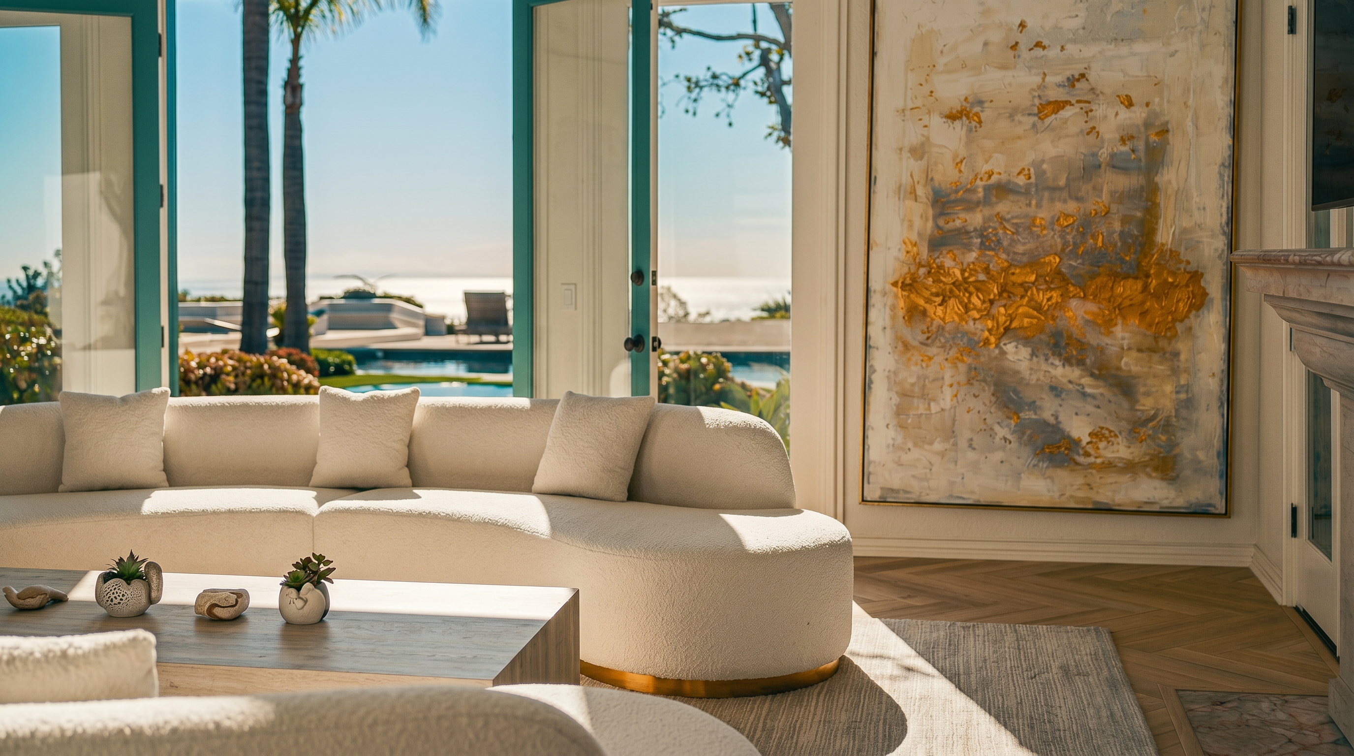 This elegant living area features a plush, cream-colored curved sofa as its centerpiece, set against a backdrop of floor-to-ceiling glass doors that reveal a stunning coastal view and pool area. The space is accented by a textured abstract art piece with gold leaf detailing, light herringbone wood flooring, and a minimalist coffee table, creating a luxurious and serene atmosphere. The natural sunlight pouring into the room enhances the warm, sophisticated design, making it an inviting space for relaxation.