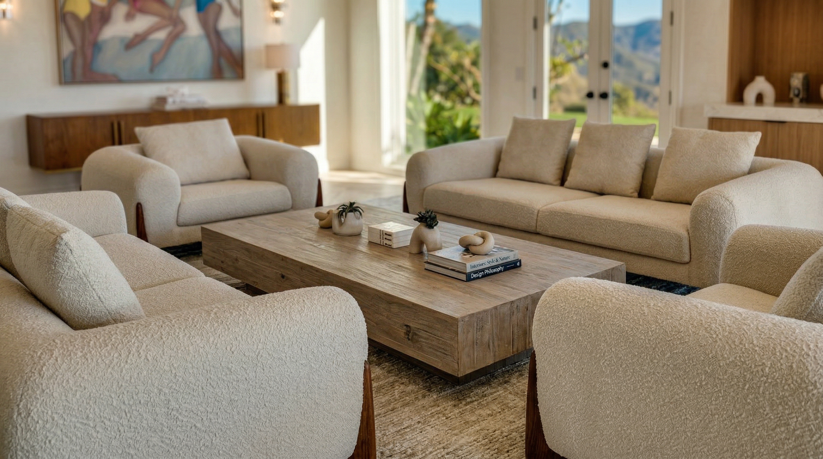 This elegant and inviting living room features a sophisticated arrangement of plush, textured cream-colored furniture, including a large sofa, a loveseat, and armchairs. The centerpiece is a substantial, rustic wooden coffee table topped with curated decor books and sculptural accents, all set against a neutral, airy backdrop with expansive mountain views through sliding glass doors.