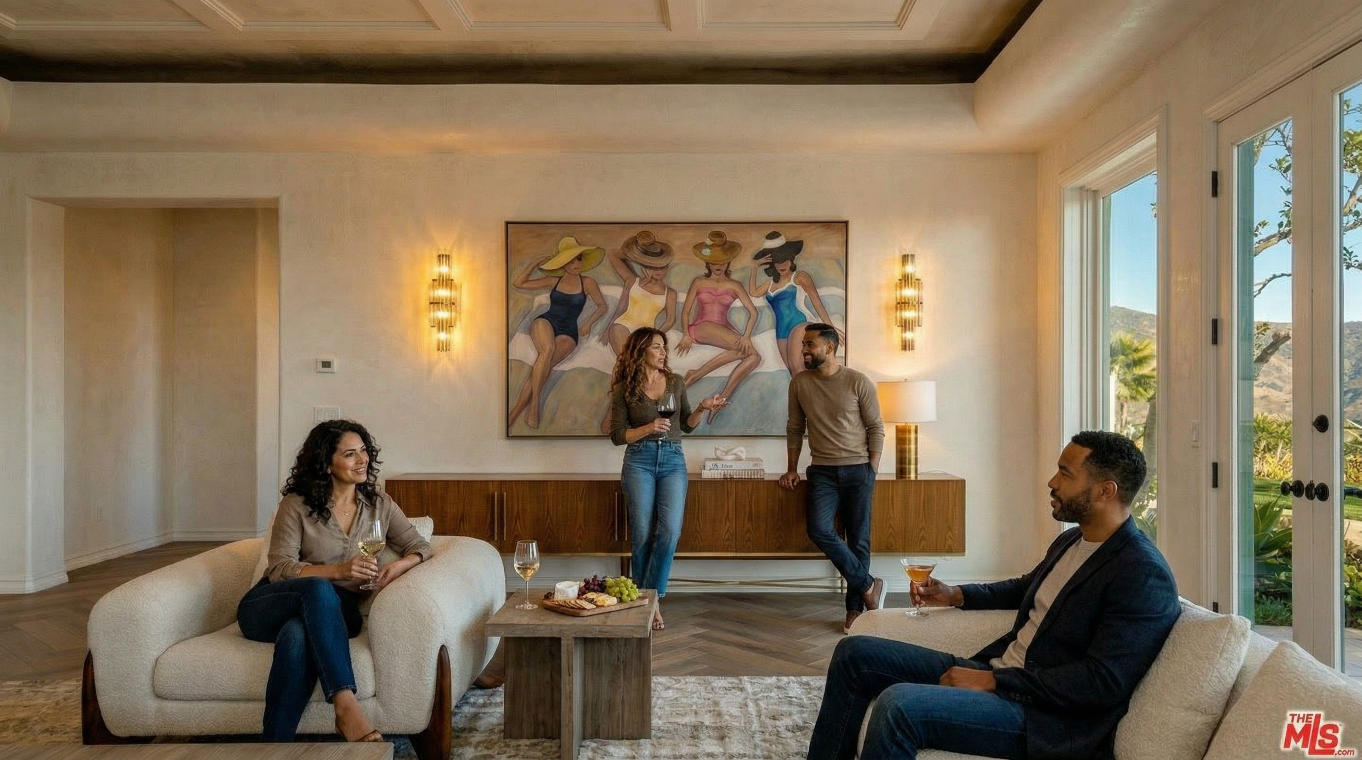 This sophisticated, sunlit living room features a warm mid-century modern aesthetic anchored by a large, colorful oil painting of four figures on the beach. The space is anchored by a sleek walnut console table, plush cream armchairs, and herringbone-patterned wood floors, creating an inviting and luxurious atmosphere. Large glass doors provide a seamless connection to the outdoors, bathing the neutral-toned room in natural light.