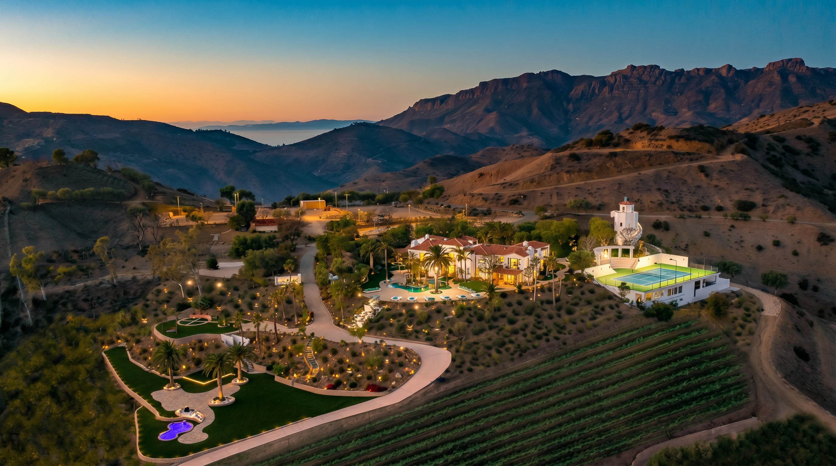 This stunning aerial view captures a sprawling luxury estate nestled within a rugged, mountainous landscape at dusk. The property features a grand main residence, a private tennis court with an adjacent tower, a swimming pool, and meticulously landscaped grounds that include a vineyard. The warm glow of the exterior lighting contrasts beautifully against the cool, darkening sky and the dramatic silhouette of the surrounding hills.