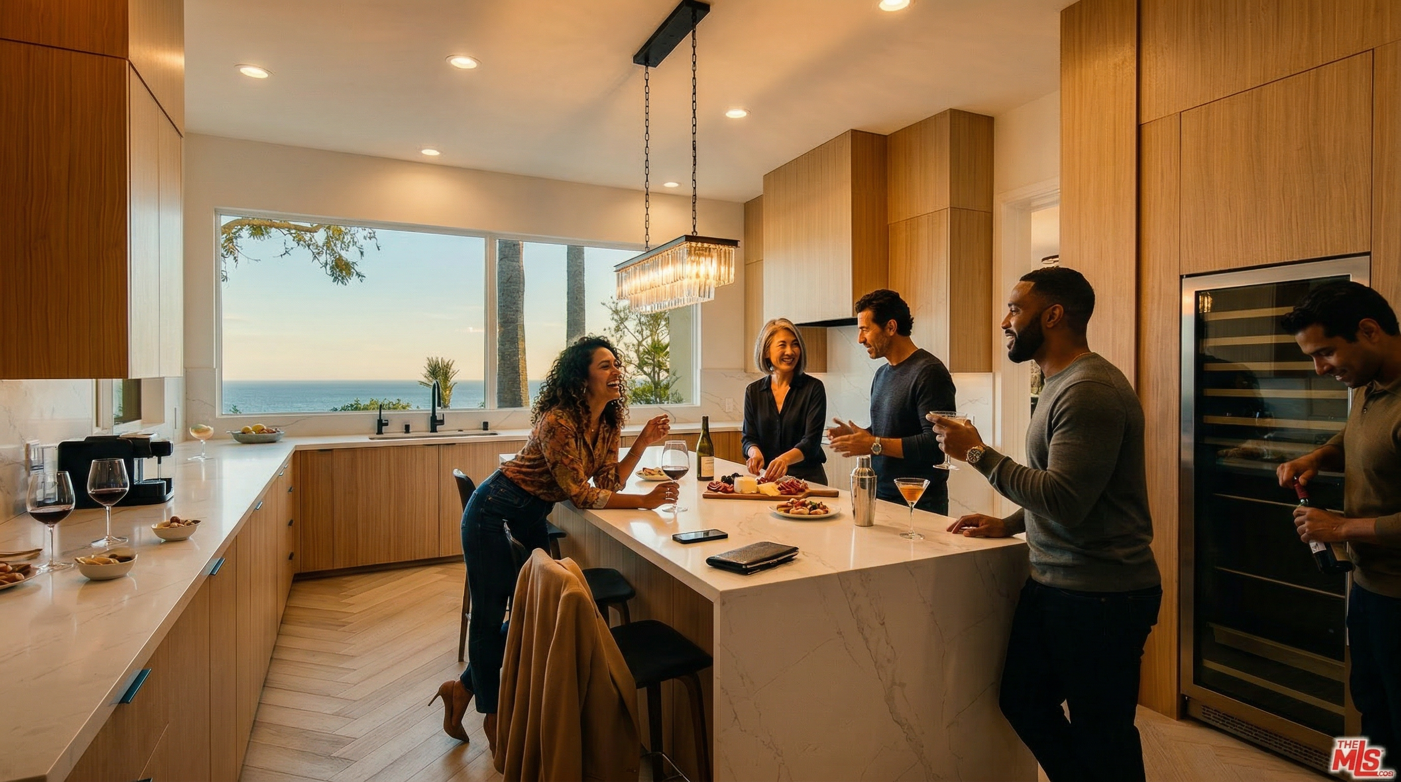 This sleek, modern kitchen features warm wood cabinetry, a large waterfall-edge island with a white stone countertop, and high-end stainless steel appliances, including a built-in wine cooler. A wide window above the sink provides a stunning, unobstructed view of the ocean, while herringbone-patterned light wood flooring adds texture and elegance to the space. The room is illuminated by recessed lighting and a contemporary pendant fixture, creating a bright, sophisticated, and airy atmosphere.