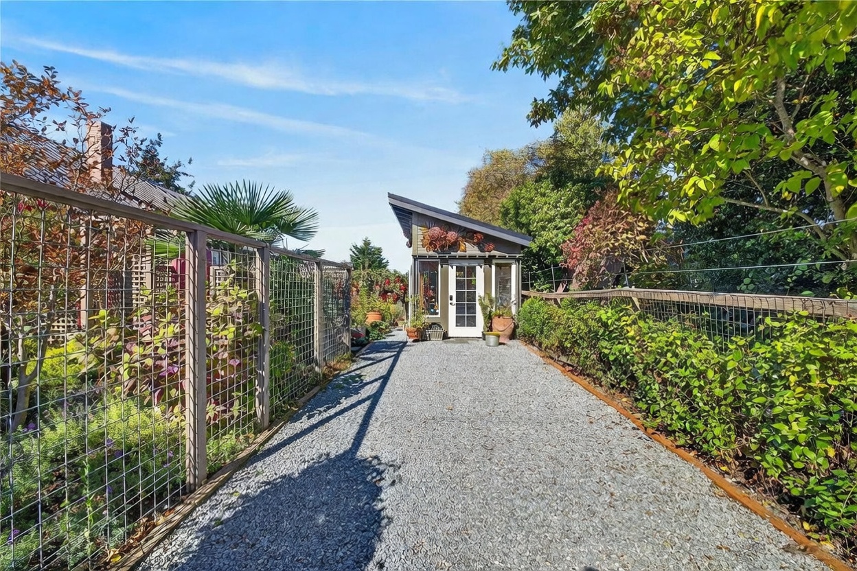 A gravel pathway leads directly toward a charming, modern shed with a slanted roof, framed by lush greenery and wire fencing on both sides. The structure features a glass-paned door and decorative elements on its facade, creating a serene and well-maintained garden aesthetic. The bright, sunny atmosphere highlights the manicured landscaping and the inviting path leading to the outbuilding.