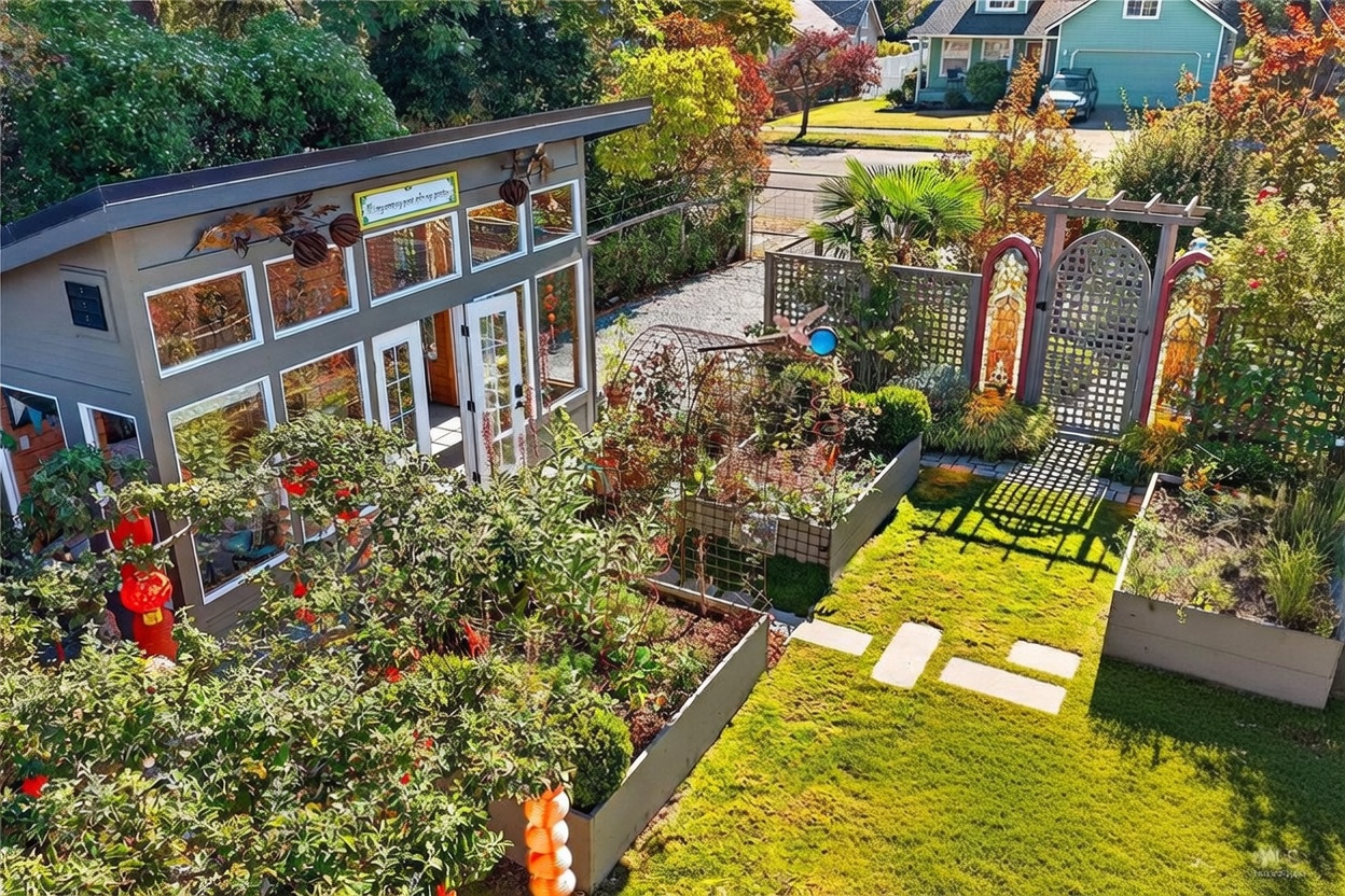 This high-angle aerial view captures a meticulously landscaped backyard garden featuring a modern, shed-style studio with large windows and a charming sign above the door. The space includes raised garden beds, a stone-paved path, and a decorative arched gate with stained-glass accents, creating a serene and artistic outdoor retreat. The lush greenery and thoughtful layout suggest a well-maintained and private sanctuary perfect for gardening or relaxation.