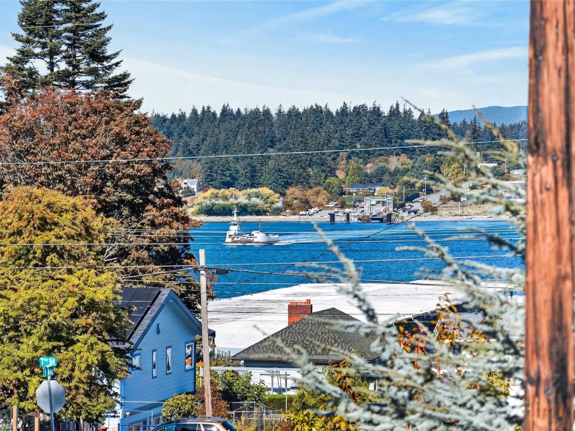 This elevated exterior view captures a scenic coastal landscape featuring a ferry crossing a blue waterway toward a distant dock. In the foreground, a light blue house with solar panels and a dark-roofed home with a brick chimney are visible, framed by lush green trees and power lines. The perspective is from an upper level, providing a wide, picturesque outlook of the surrounding neighborhood and the water beyond.
