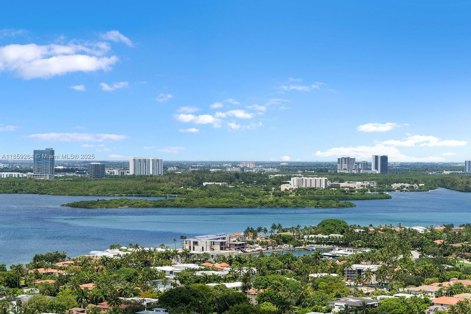 This aerial view showcases a luxurious waterfront property with lush tropical landscaping and a private marina. The modern architecture of the homes blends seamlessly with the natural surroundings, offering a serene and exclusive living environment. In the distance, city buildings can be seen across the water, providing a sense of connection to urban amenities.