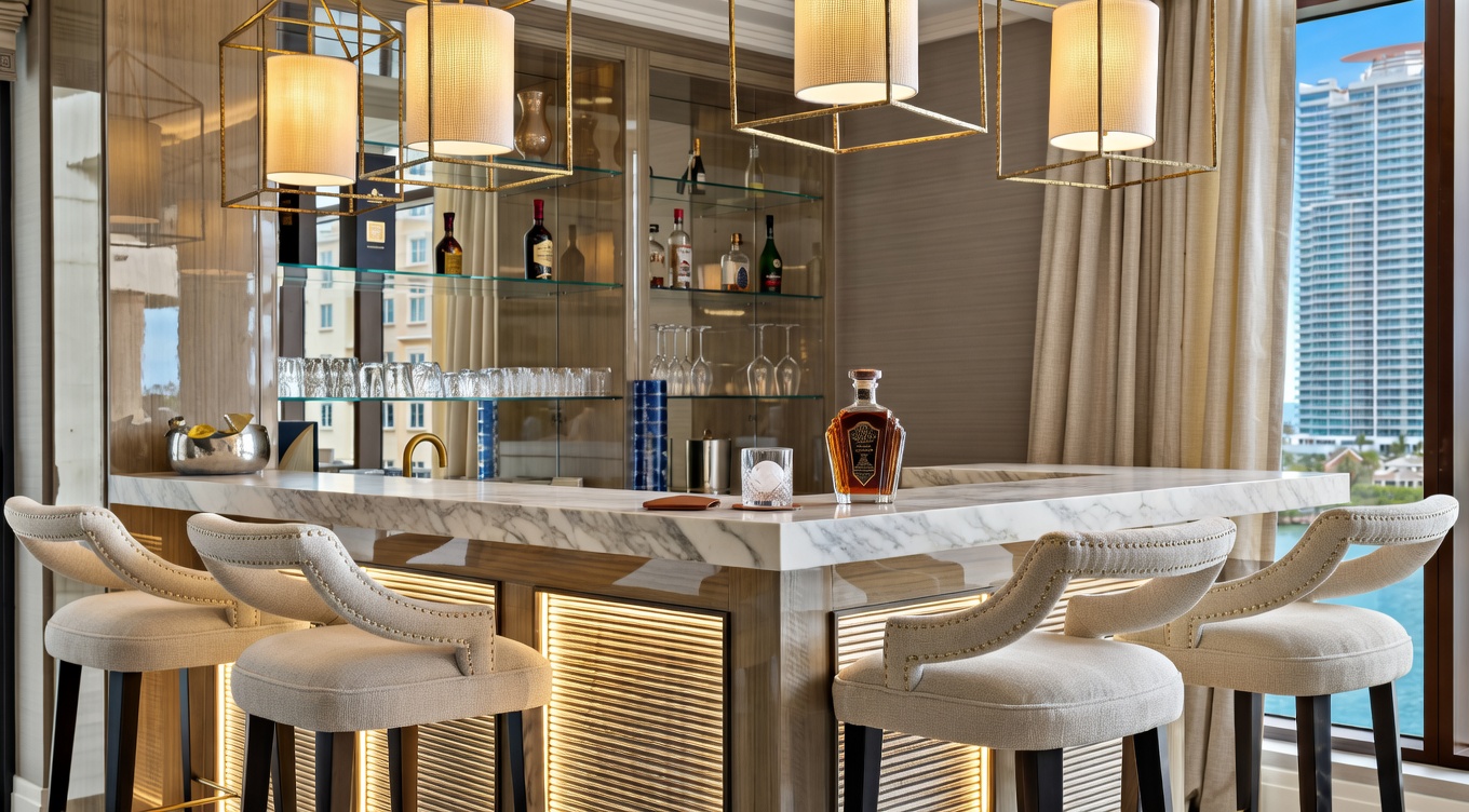 This sophisticated residential bar area features custom cabinetry with glass shelving and integrated lighting, topped by a sleek stone countertop. Four plush, cream-colored upholstered bar stools with nailhead trim surround the counter, while a bottle of spirit and a crystal glass are displayed prominently. Floor-to-ceiling windows provide a stunning view of a high-rise building, creating an elegant and luxurious atmosphere perfect for entertaining.