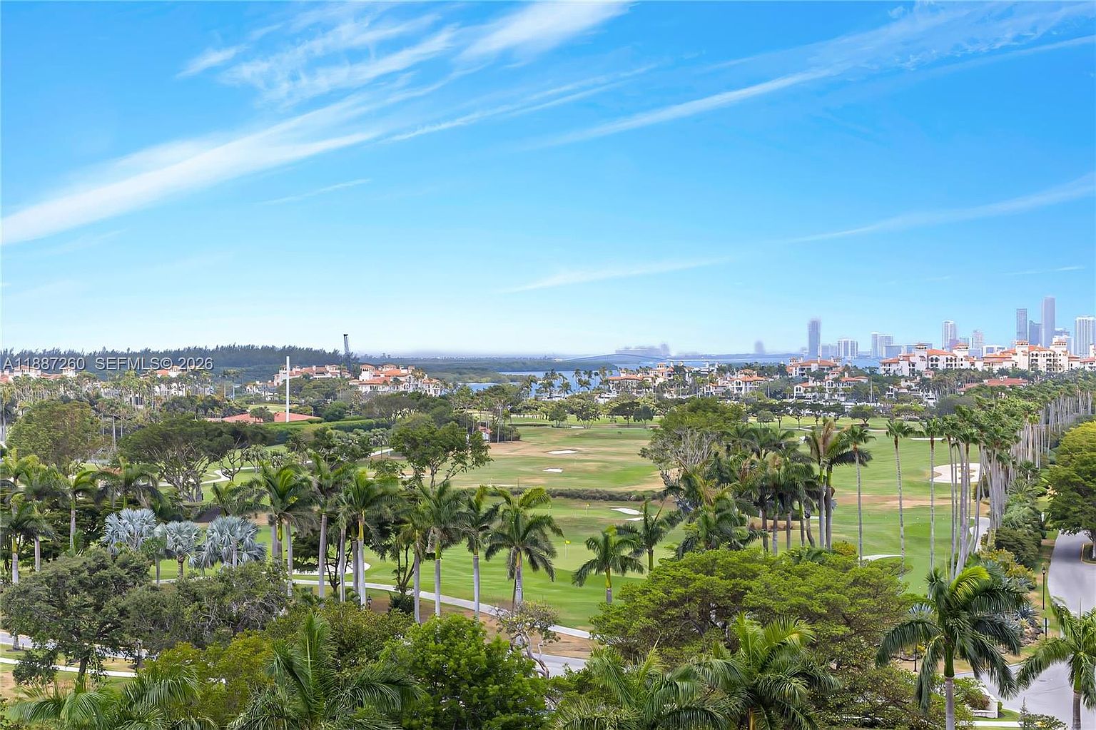 This elevated aerial view captures a sprawling, lush green golf course set against a backdrop of a clear blue sky and distant city skyline. The foreground is filled with mature palm trees and manicured landscaping, while the mid-ground features a serene lake and residential buildings. The perspective provides a wide, cinematic sense of scale, emphasizing the peaceful and scenic environment of the property.