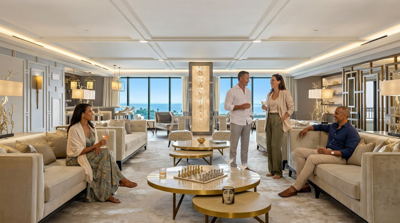 This expansive, luxurious living room features a symmetrical layout with plush cream-colored sofas, elegant armchairs, and circular gold-accented coffee tables. The space is defined by high coffered ceilings, sophisticated neutral tones, and floor-to-ceiling windows that provide a breathtaking, unobstructed view of the ocean. The overall aesthetic is one of refined opulence and high-end coastal living.