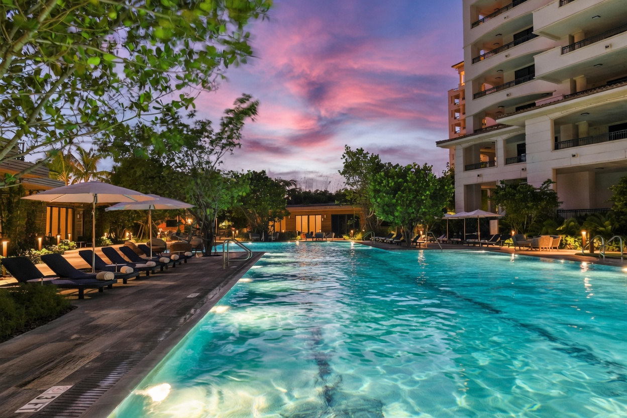 This image captures a serene, resort-style swimming pool at dusk, featuring a long, illuminated lap pool surrounded by lounge chairs and lush tropical landscaping. The scene is framed by a multi-story residential building on the right, with a vibrant, colorful sunset sky providing a dramatic backdrop. The perspective is low and wide, emphasizing the inviting atmosphere and the expansive nature of the outdoor amenity space.