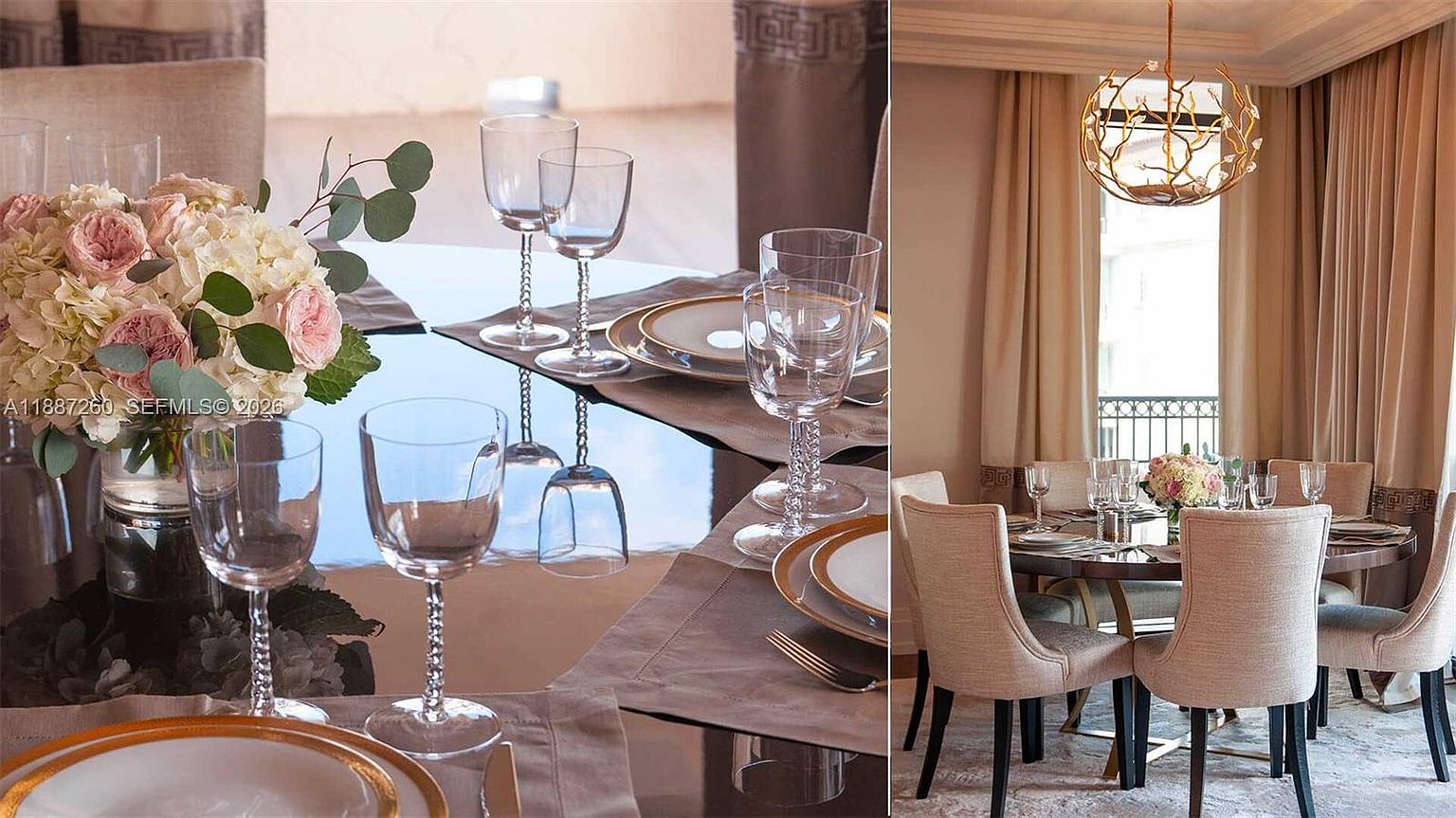 This elegant dining room features a round table set for a formal meal, complete with fine glassware, gold-rimmed plates, and a central floral arrangement. The space is illuminated by a unique, branch-inspired chandelier and framed by soft, floor-to-ceiling curtains that allow natural light to filter in. The overall aesthetic is sophisticated and refined, perfect for hosting intimate dinner parties.