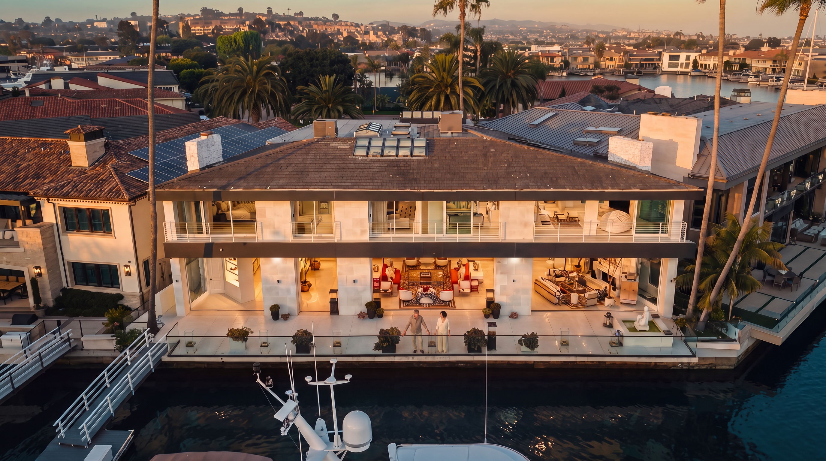 This aerial perspective captures a luxurious waterfront residence featuring a contemporary design with expansive glass walls that open onto a spacious terrace. The home is situated directly on a canal, complete with a private boat dock and a docked vessel, emphasizing a high-end coastal lifestyle. The architecture highlights clean horizontal lines, a flat roof with skylights, and a seamless transition between the indoor living areas and the outdoor waterfront deck.