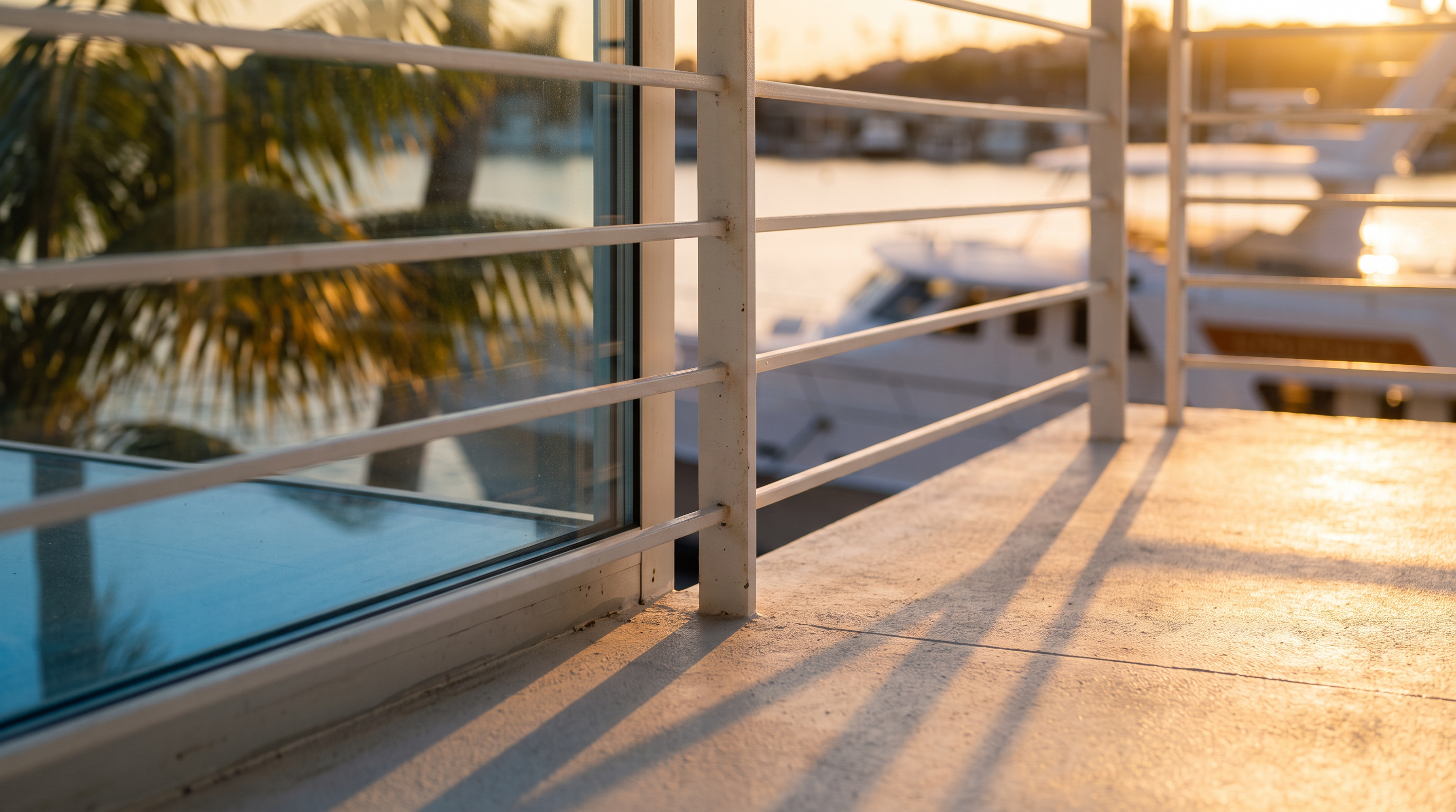 This image captures a serene balcony view overlooking a calm harbor at sunset. The scene features a white metal railing in the foreground, leading the eye toward a large yacht docked at a private pier, with a picturesque waterfront neighborhood visible in the distance under a soft, golden-hued sky. The perspective is from an elevated position, emphasizing the tranquil and luxurious lifestyle associated with waterfront living.
