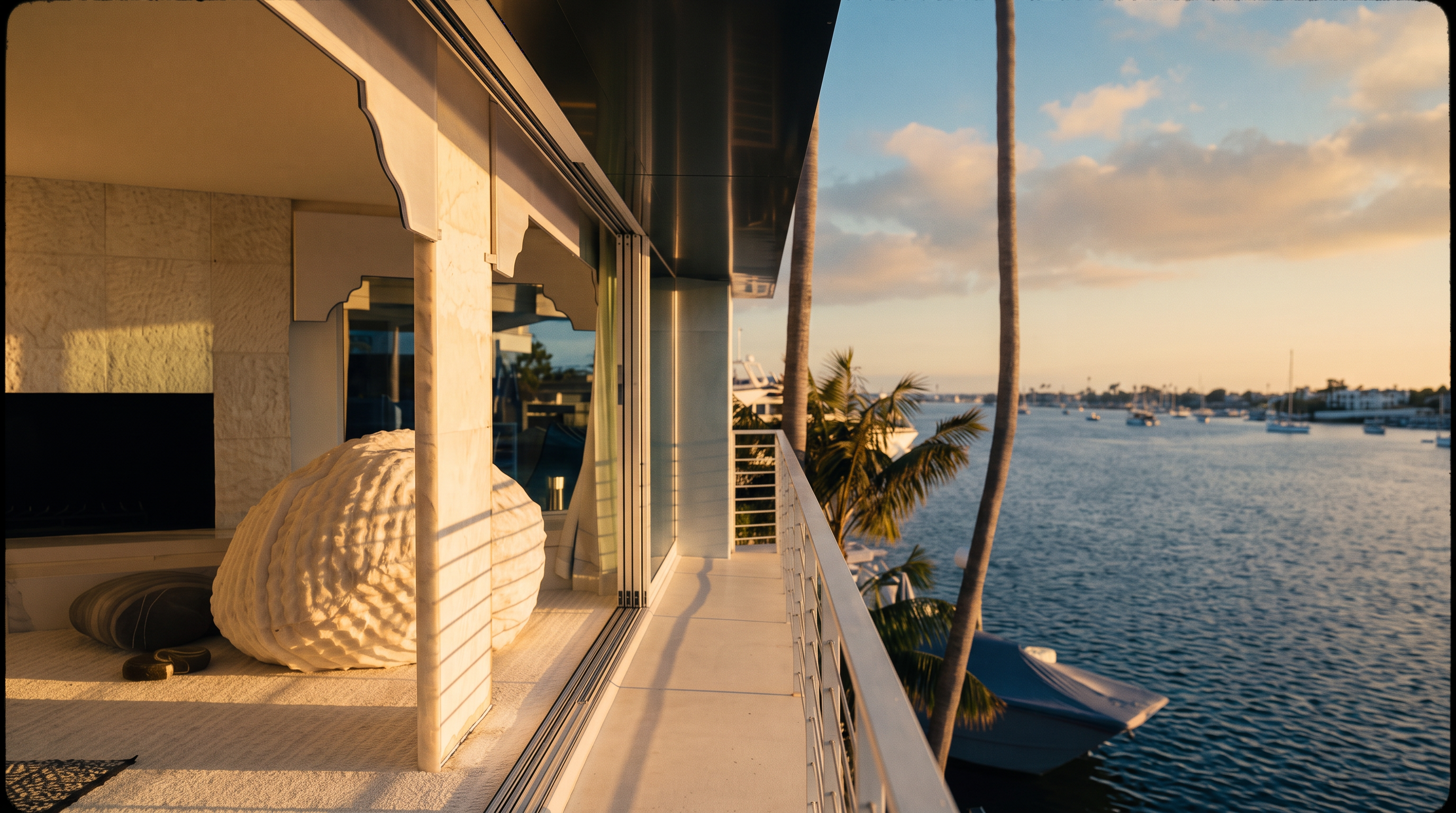 This image captures a sleek, modern balcony overlooking a serene harbor filled with boats. The indoor living area, featuring a fireplace and textured seating, seamlessly transitions to the outdoor space through expansive glass sliding doors. The perspective highlights the contrast between the cozy, light-toned interior and the vast, open water view, emphasizing a luxurious waterfront lifestyle.