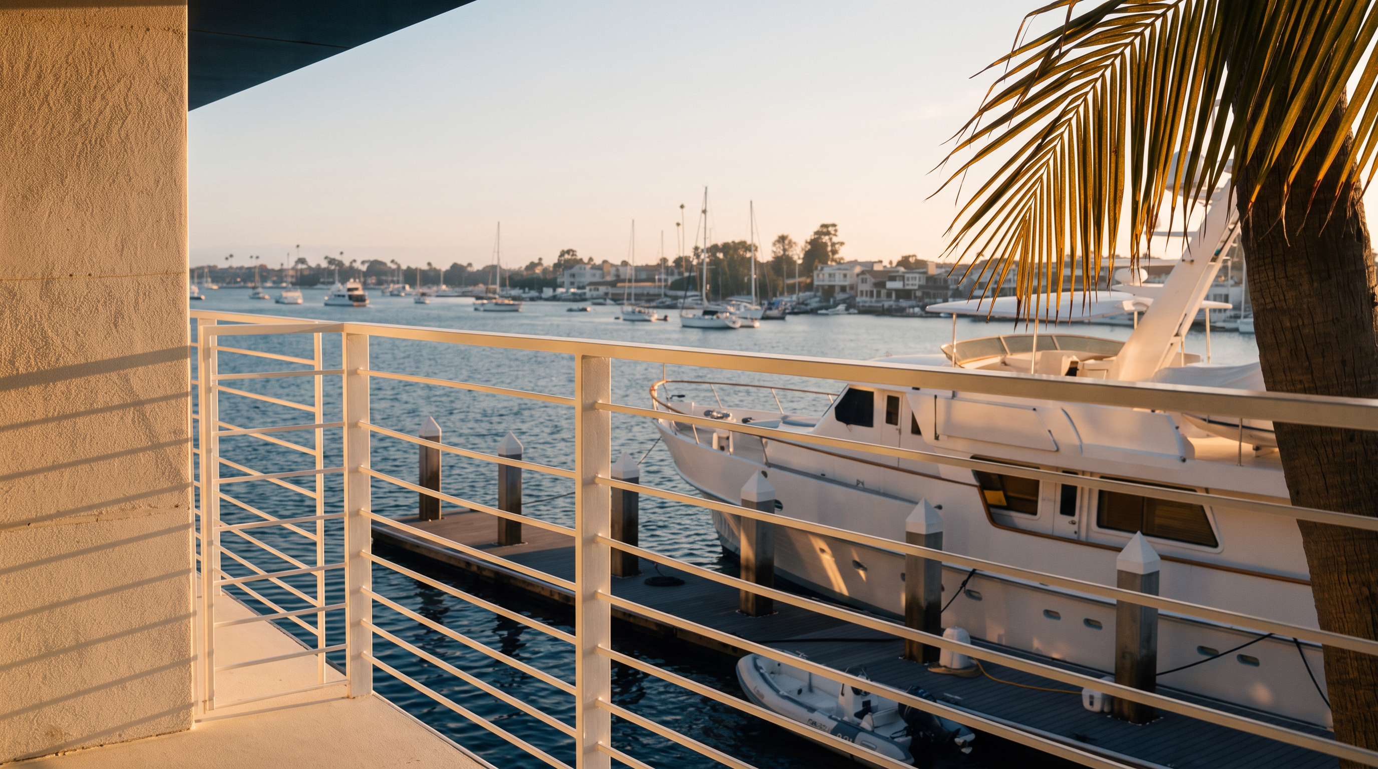 This elevated balcony offers a stunning, unobstructed view of a tranquil harbor filled with luxury yachts and boats. The space features a clean, white railing and a neutral-toned floor, creating a bright and airy atmosphere perfect for waterfront living. The perspective captures the golden hour light reflecting off the water, emphasizing the serene and upscale coastal lifestyle.
