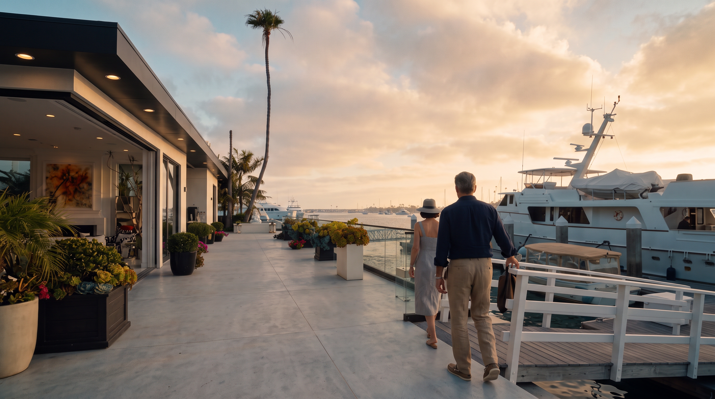 This expansive waterfront deck offers a luxurious outdoor living space with a sleek glass railing overlooking a private boat dock and the harbor. The scene features several potted plants, a clean, light-toned surface, and a clear view of a large yacht moored nearby under a bright, partly cloudy sky. The perspective is elevated, capturing the seamless transition between the private terrace and the serene marine environment.