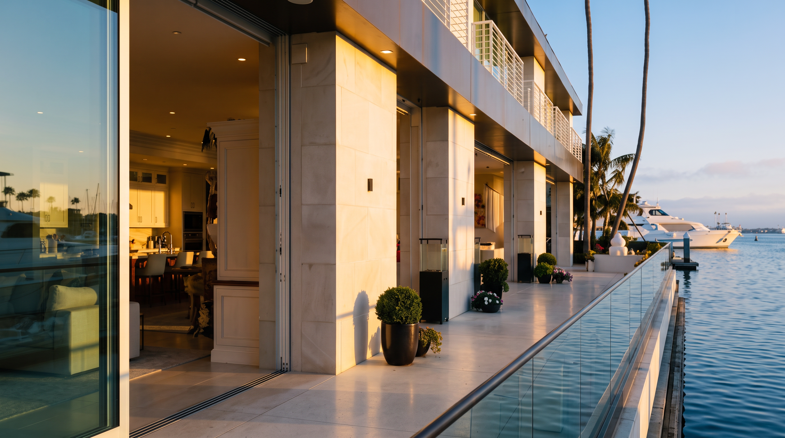 This expansive, modern waterfront terrace features sleek, light-colored stone flooring and a glass railing that offers unobstructed views of the harbor and docked yachts. The space is illuminated by warm, recessed lighting along the building's exterior, creating a sophisticated atmosphere at dusk. Potted plants and small trees add a touch of greenery to the minimalist design, which seamlessly connects the indoor living areas to the outdoor deck.