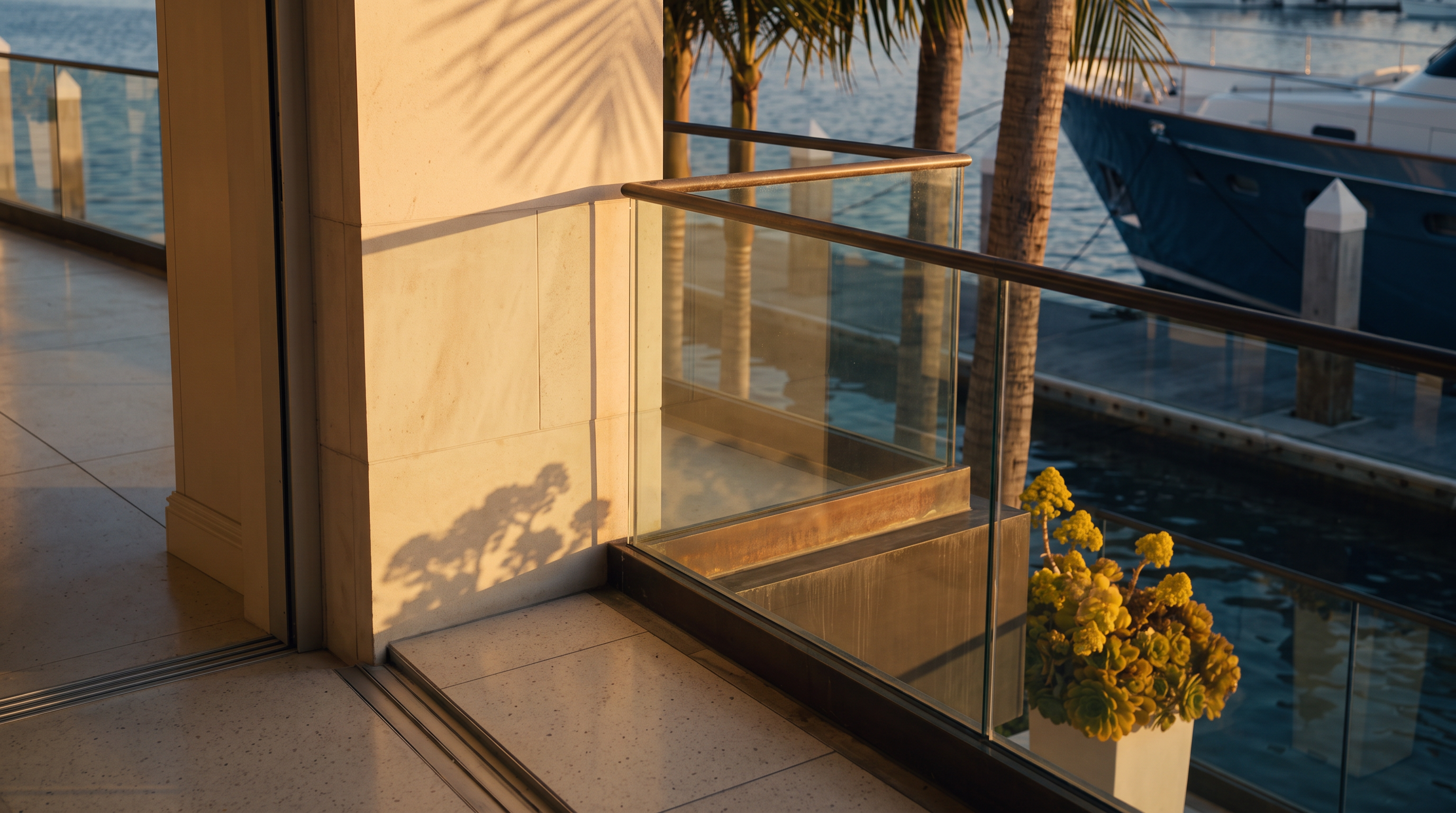 This expansive, modern waterfront terrace features sleek white flooring and a glass railing that offers unobstructed views of the harbor and docked yachts. The space is accented with potted greenery and tall palm trees, creating a sophisticated outdoor living area perfect for entertaining. The perspective captures the seamless transition between the indoor living space and the serene, sunlit coastal environment.