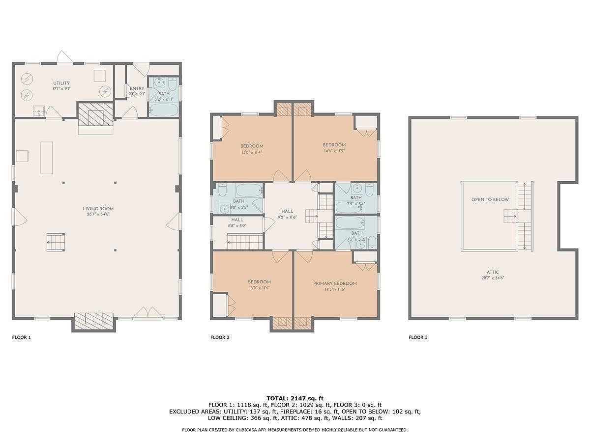 This image displays a comprehensive three-level floor plan layout, detailing the spatial arrangement of a residential property. The first floor features a large open-concept living area, a utility room, and a bathroom, while the second floor contains four bedrooms and three bathrooms. The third floor illustrates an attic space with an open-to-below feature, providing a clear overview of the home's architectural flow and room dimensions.