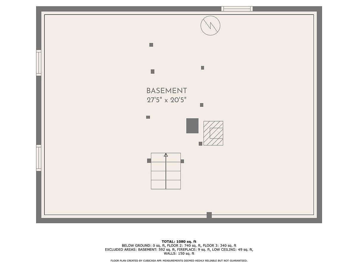 This is a top-down 2D floor plan of a basement level, measuring 27'5" by 20'5". The layout features an open floor area with a central staircase, a small square fireplace, and several structural columns indicated by small squares. The diagram provides technical specifications, including total square footage and excluded area calculations.