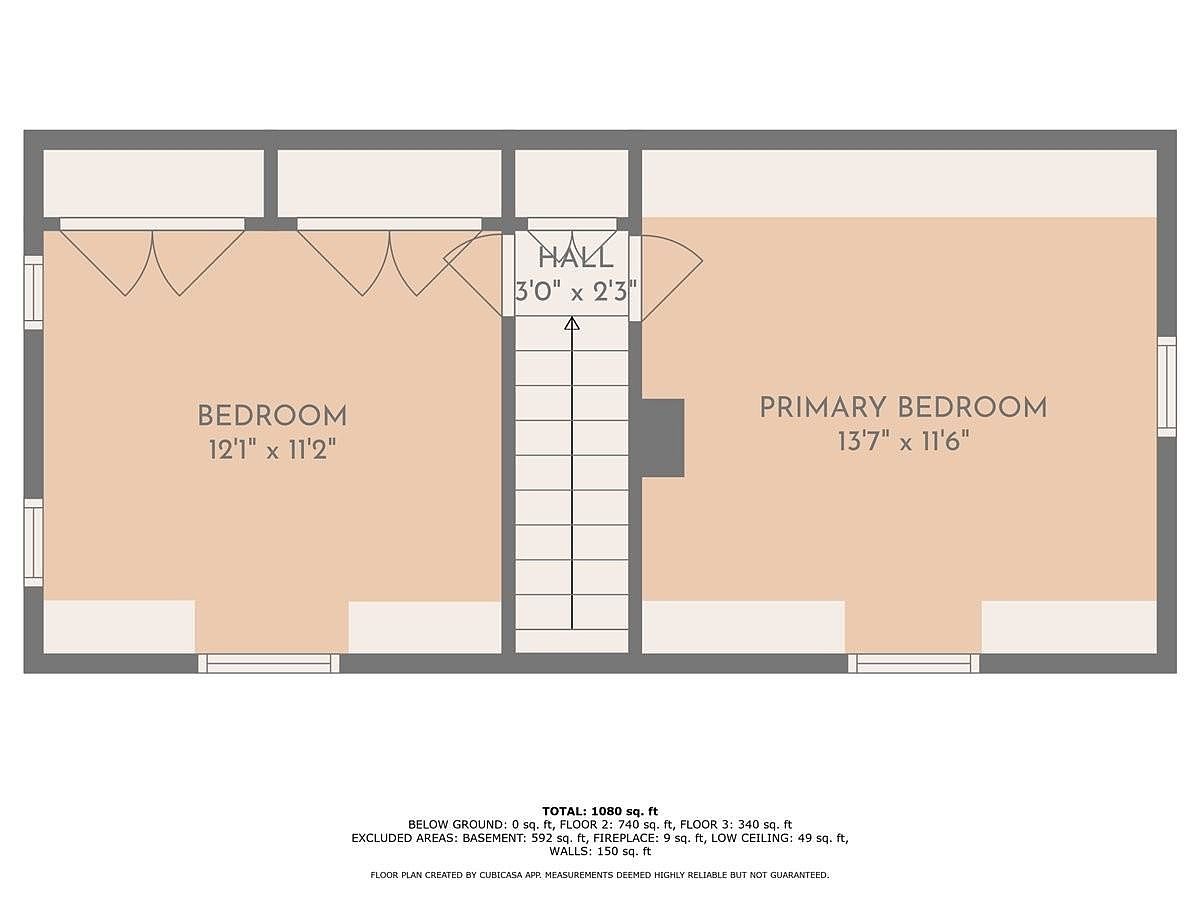 This image is a 2D floor plan illustration showing the layout of an upper level, featuring a primary bedroom, a secondary bedroom, and a central hallway with stairs. The diagram includes specific room dimensions and indicates the presence of closets and a chimney breast. The overall presentation is a clean, technical schematic designed to provide a clear spatial understanding of the floor's configuration.