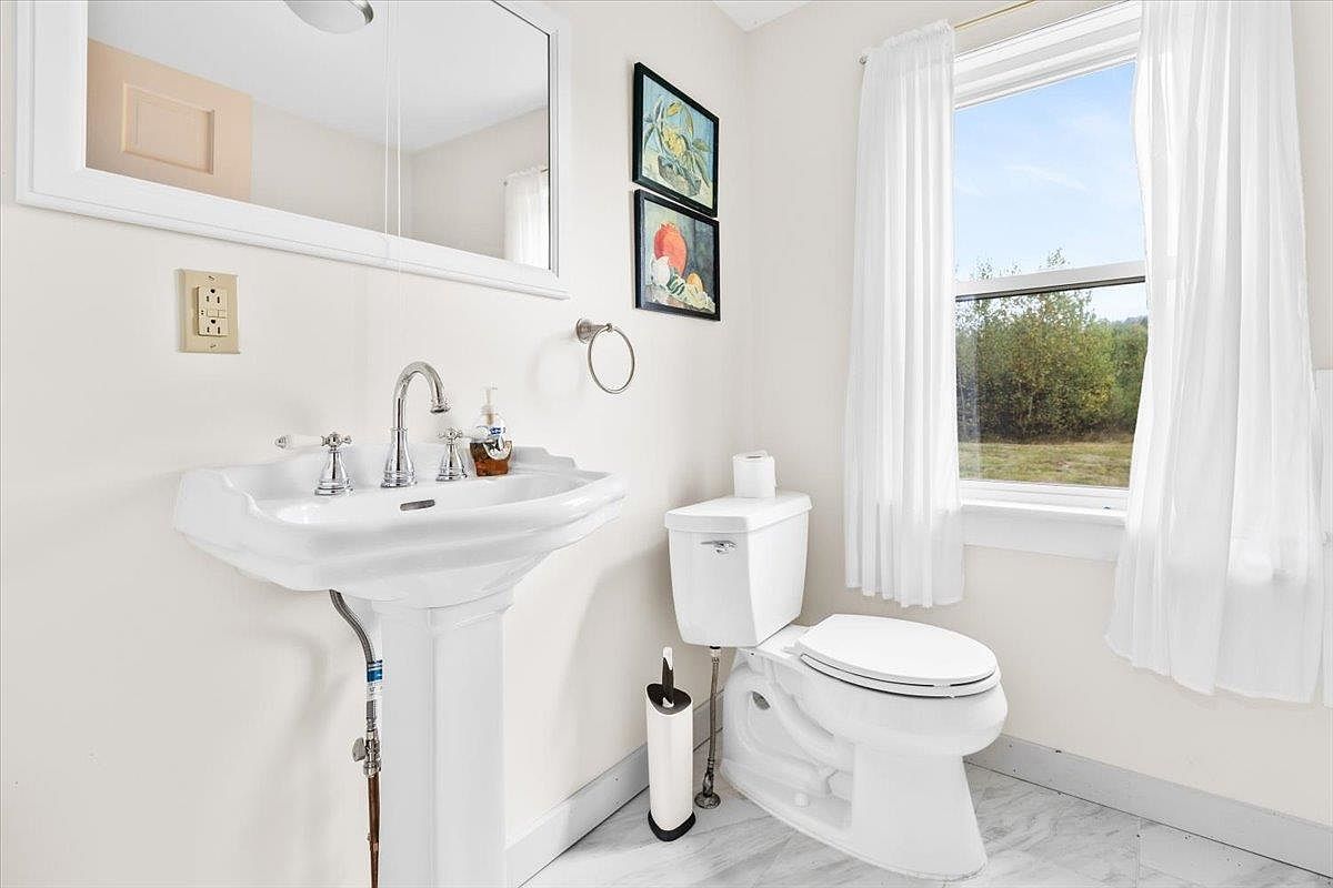 This bright and clean bathroom features a classic pedestal sink and a standard white toilet set against neutral walls. A large, rectangular mirror hangs above the sink, while two framed botanical prints add a touch of color to the space. A window with white curtains allows natural light to fill the room, which is finished with light-toned, patterned flooring.