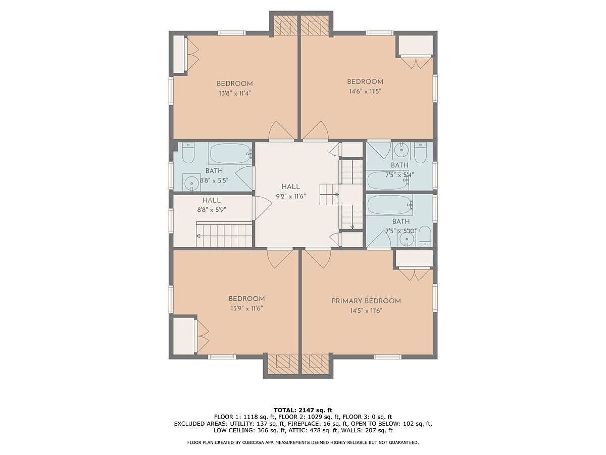 This image is a 2D floor plan illustration of a residential second-floor layout. It features four bedrooms, three bathrooms, and a central hallway with a staircase, providing a clear top-down view of the spatial arrangement and room dimensions. The diagram includes technical specifications such as total square footage and individual room measurements, making it a useful tool for understanding the home's functional flow.