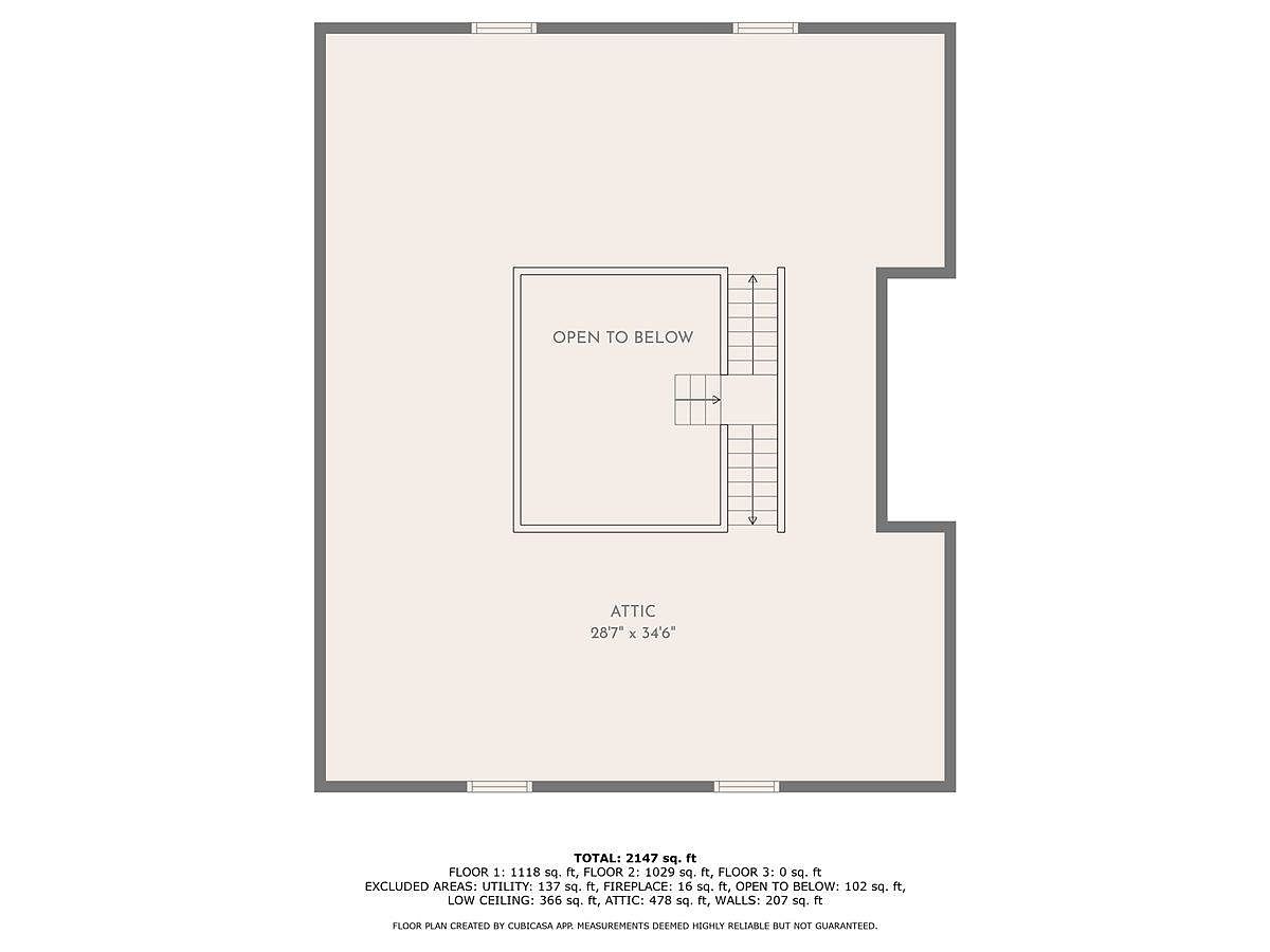 This image displays a top-down floor plan of an attic space, highlighting a large open area with a central cutout labeled 'Open to Below.' A staircase is positioned along the right side, providing access to the level below. The layout is simple and spacious, with dimensions of 28'7" by 34'6" indicated at the bottom.