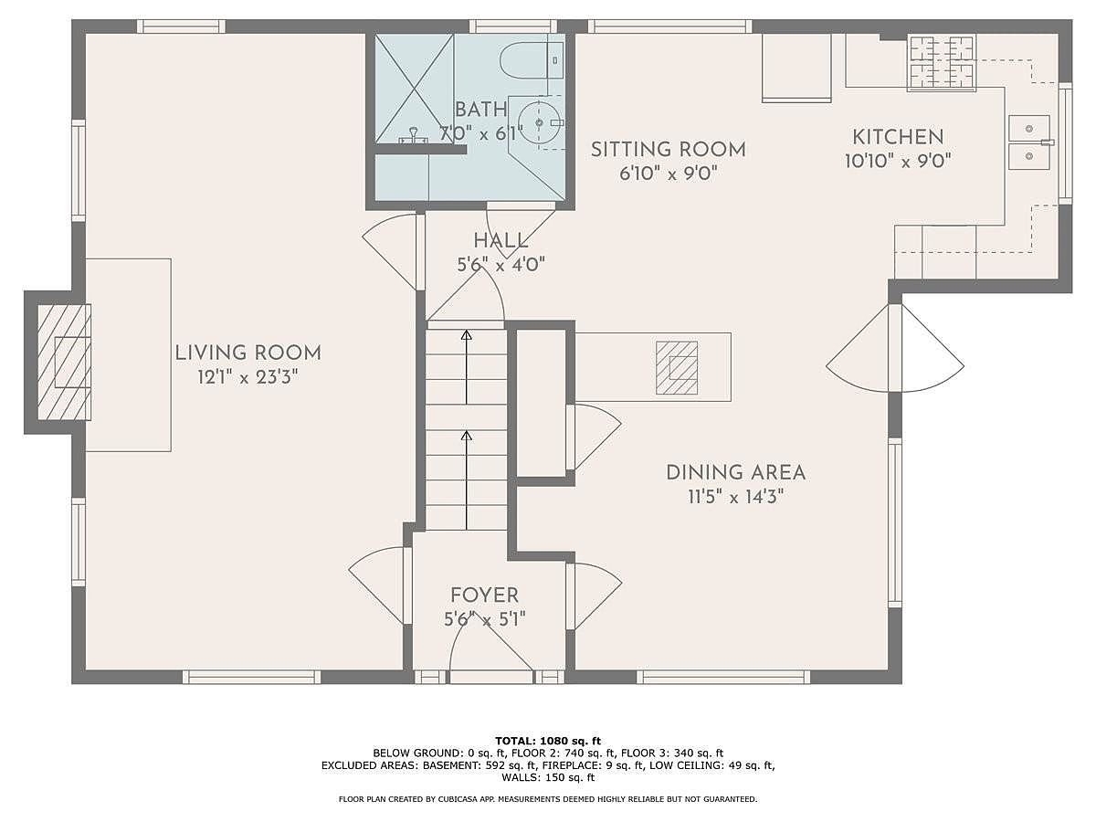 This image displays a detailed 2D floor plan of a residential home's main level, illustrating the layout of a living room, dining area, kitchen, sitting room, bathroom, and foyer. The diagram includes specific room dimensions, the placement of stairs, and structural elements like walls and doorways. It provides a clear, top-down architectural overview of the home's spatial flow and connectivity.