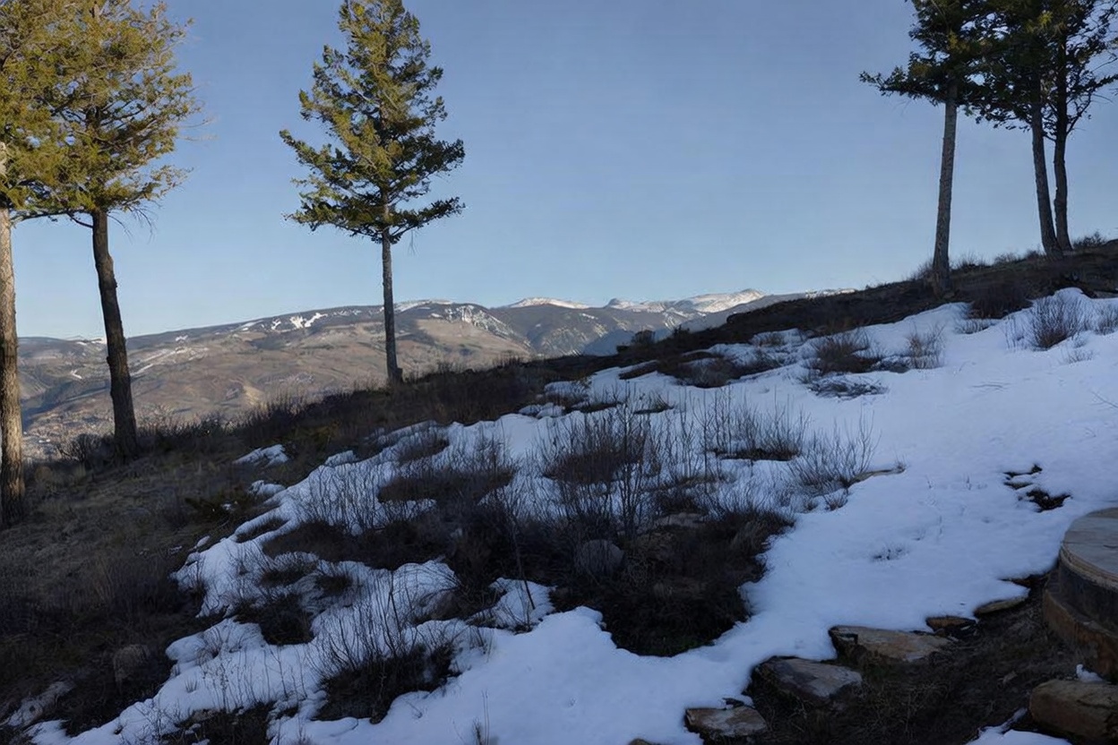 This view from an elevated deck captures a sweeping, panoramic vista of snow-dusted mountains under a clear blue sky. In the foreground, a black metal railing frames the scene, overlooking a sloping hillside dotted with evergreen trees and patches of lingering snow. The perspective emphasizes the property's scenic location and connection to the natural landscape.