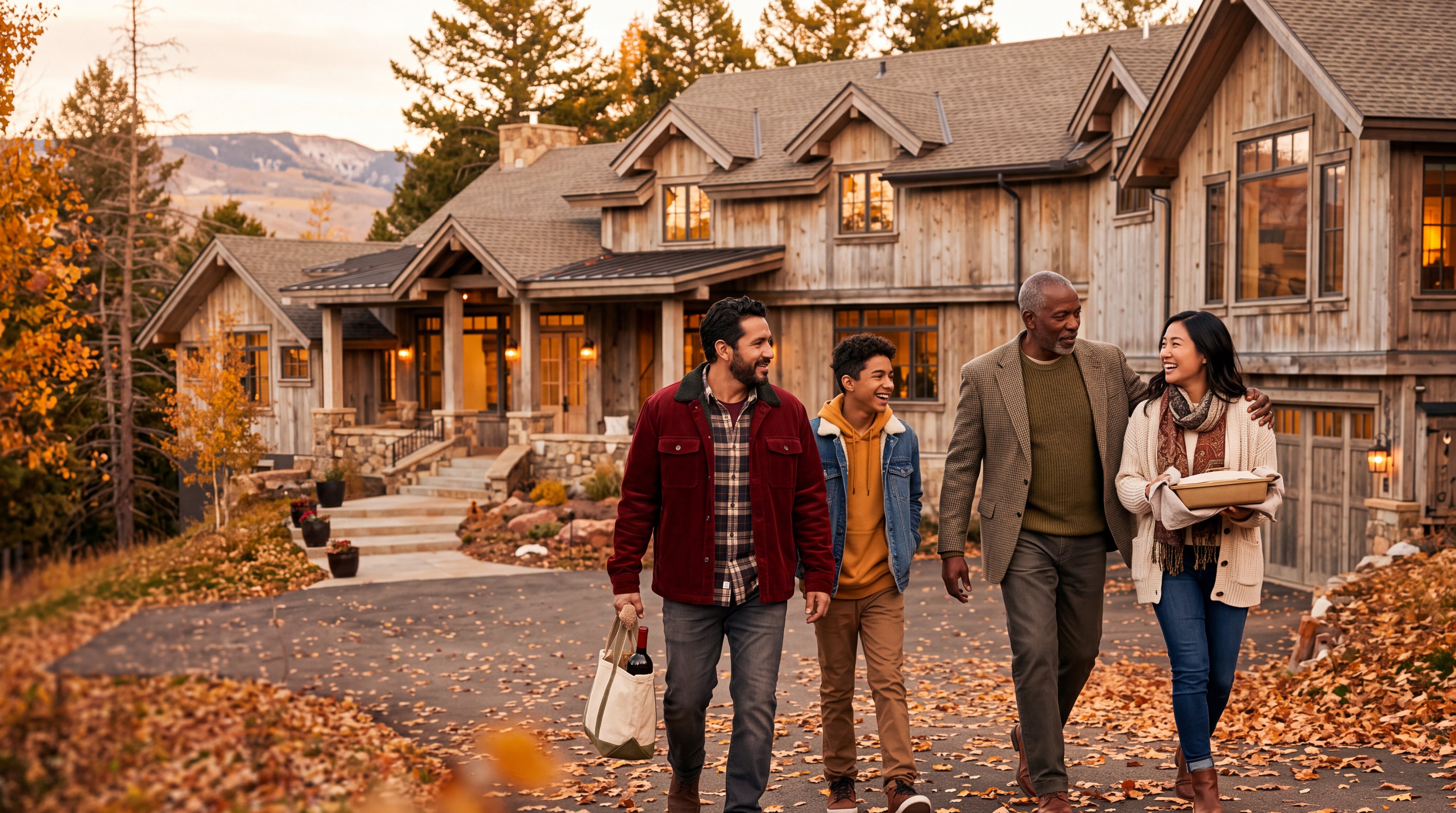 This image showcases a beautiful, rustic-style luxury residence with wood-paneled siding and a complex, multi-gabled roofline, set against a scenic mountainous backdrop during the golden hour. The home features a welcoming entryway with stone accents and tiered stairs, surrounded by a landscaped yard filled with autumn foliage. The inviting curb appeal is emphasized by the warm glow emanating from the windows, creating a cozy and high-end residential atmosphere.