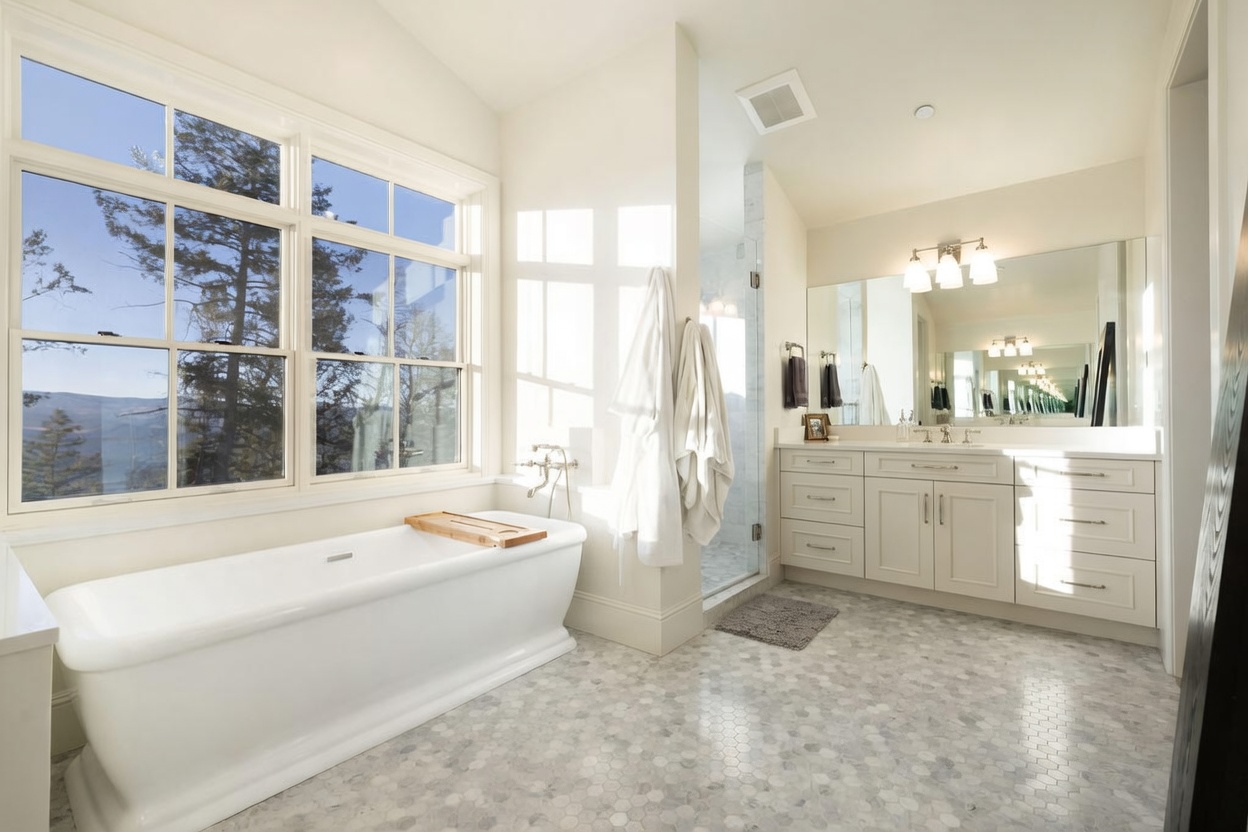 This bright and airy primary bathroom features a freestanding soaking tub positioned beneath large windows that offer expansive mountain views. The space includes a double vanity with light-colored cabinetry and a glass-enclosed shower area with patterned tile flooring. The overall aesthetic is clean, serene, and luxurious, emphasizing natural light and a connection to the outdoors.