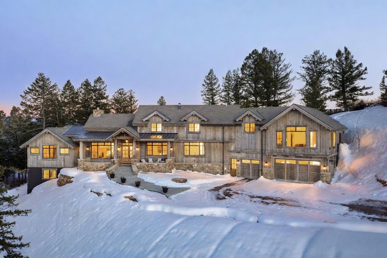 This expansive mountain residence features a rustic aesthetic with weathered wood siding and stone accents, set against a snowy landscape. The multi-gabled roofline and large, warm-lit windows create an inviting atmosphere, while the attached multi-car garage provides functional convenience. The perspective is a wide, eye-level shot that captures the home's integration into the sloped, wintery terrain.