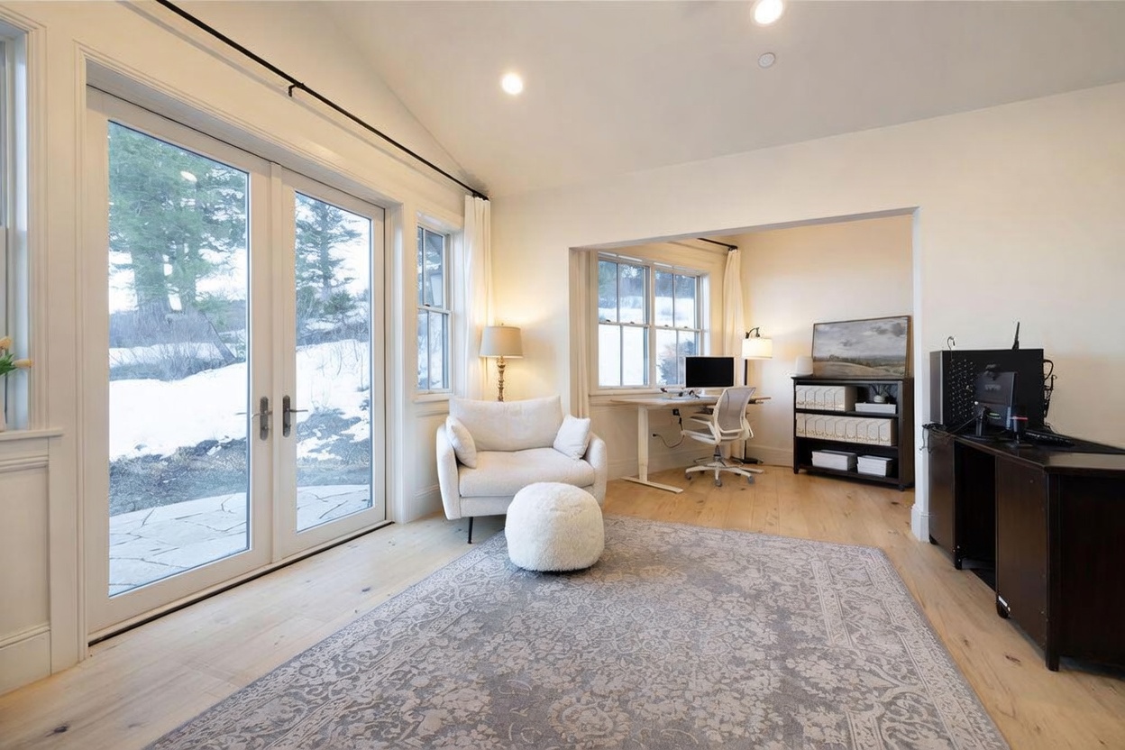 This bright and airy home office features light wood flooring and a large area rug, creating a comfortable workspace. The room includes a standing desk setup, a cozy armchair with a matching ottoman, and a dark storage unit, all illuminated by natural light from large glass doors and windows. The neutral color palette and clean lines provide a professional yet inviting atmosphere suitable for a home workspace.