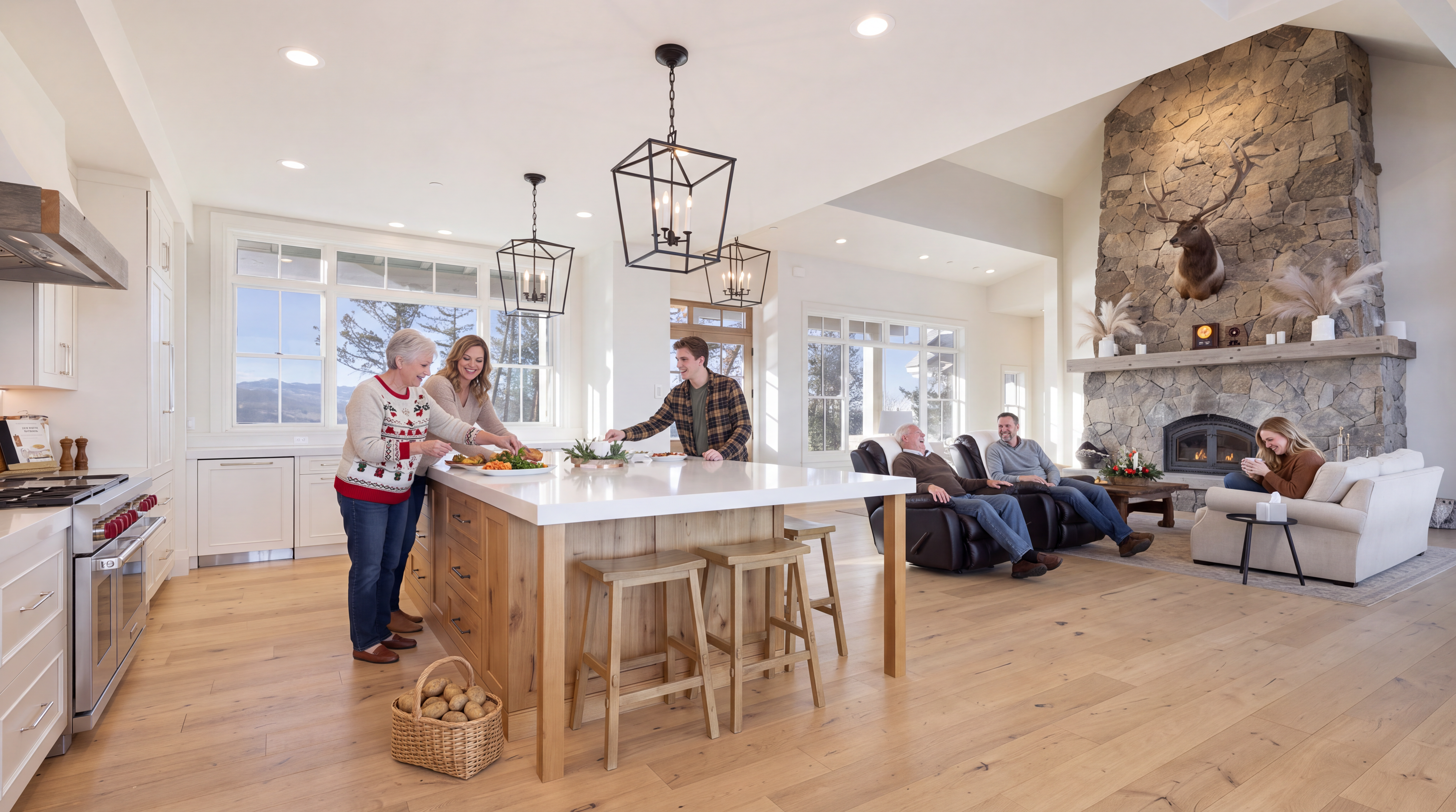 This spacious, open-concept kitchen seamlessly integrates with a cozy living area, creating an inviting environment for family gatherings. The kitchen features custom light wood cabinetry, white quartz countertops, and a large central island perfect for food preparation and social interaction. A grand stone fireplace in the background adds rustic elegance, enhancing the home's high-end, comfortable aesthetic.