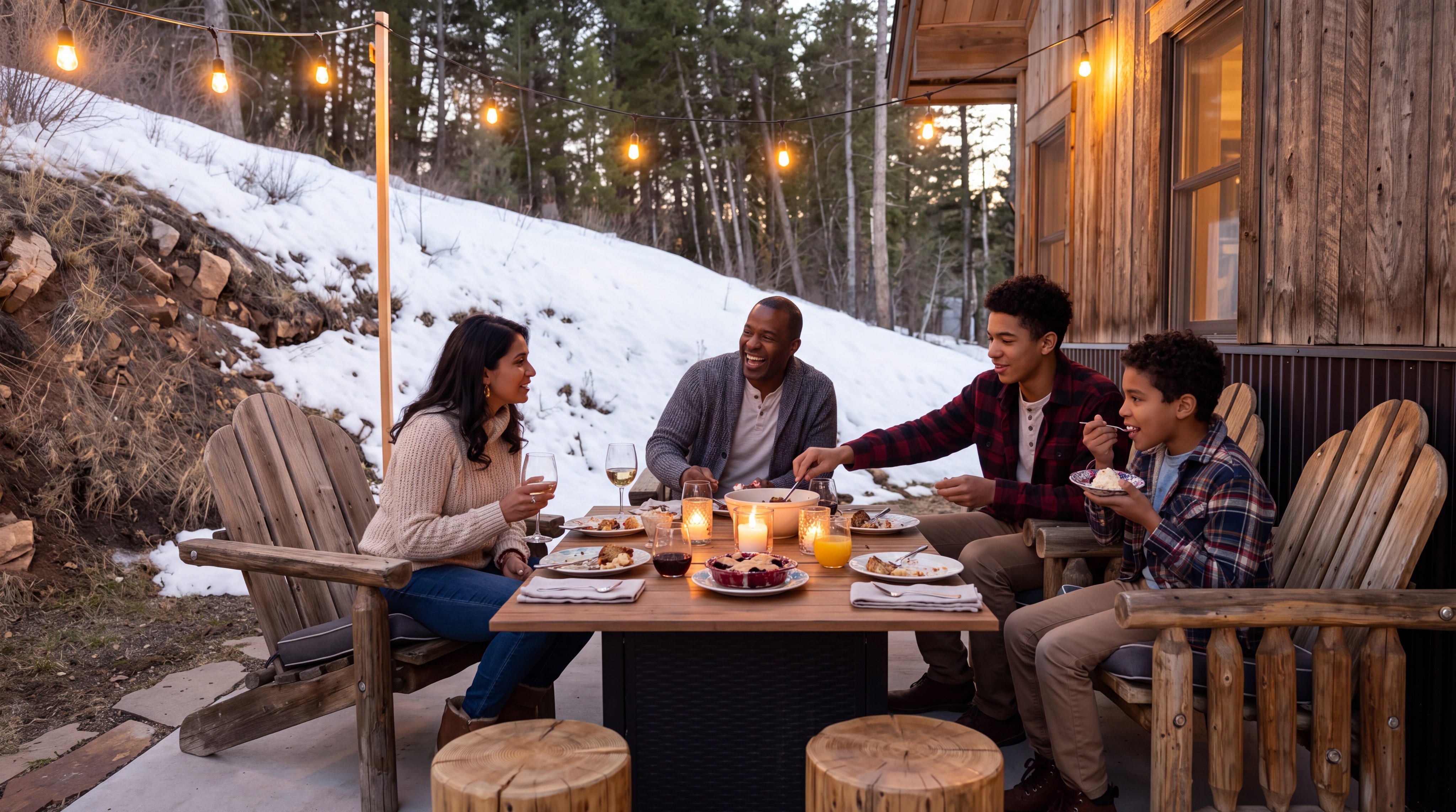 This outdoor living space features a cozy, covered patio attached to a rustic-style home with vertical wood siding. It is set up for dining with a table and wooden chairs, illuminated by string lights, and overlooks a scenic, snow-covered wooded hillside. The setup suggests a peaceful, intimate retreat ideal for relaxing or entertaining in a natural mountain environment.