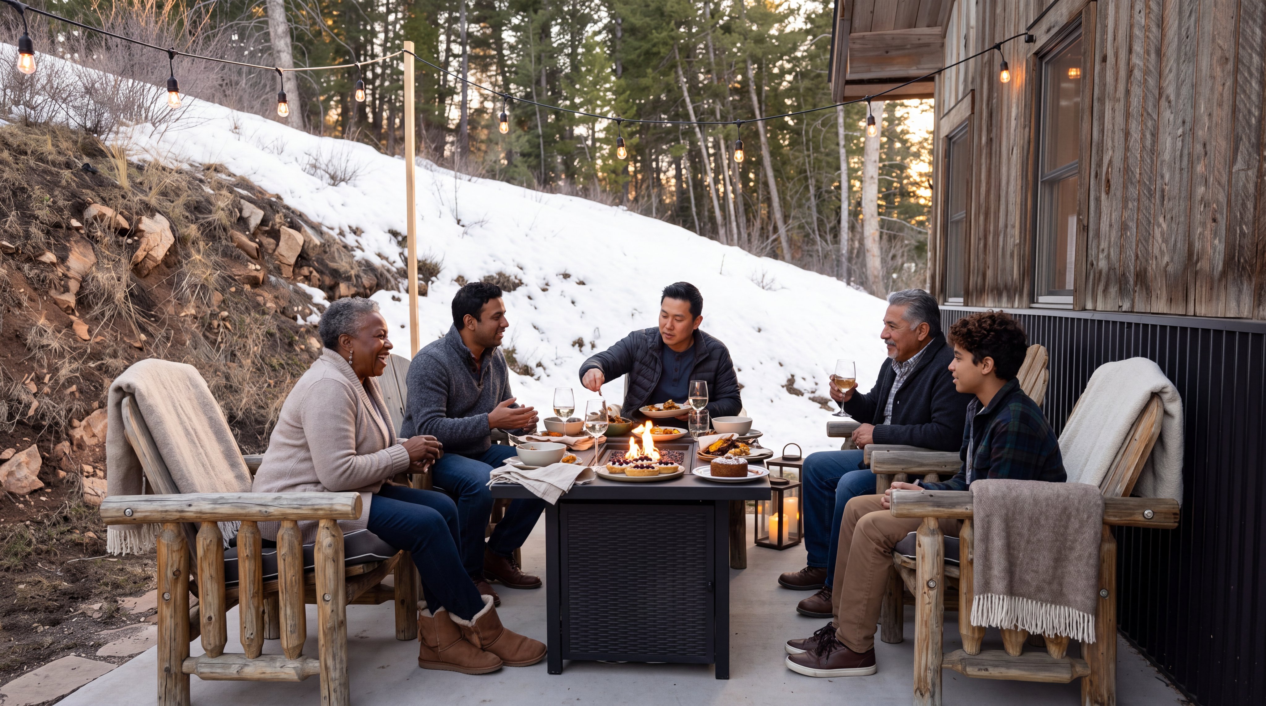 This inviting outdoor patio area features a rustic wood-sided cabin aesthetic, complete with string lighting and a cozy fire pit table. The space is set against a scenic, snowy mountainous backdrop, providing a warm and tranquil environment for dining and socializing. With sturdy log-style chairs and a comfortable, integrated design, this area is perfect for seasonal entertaining.