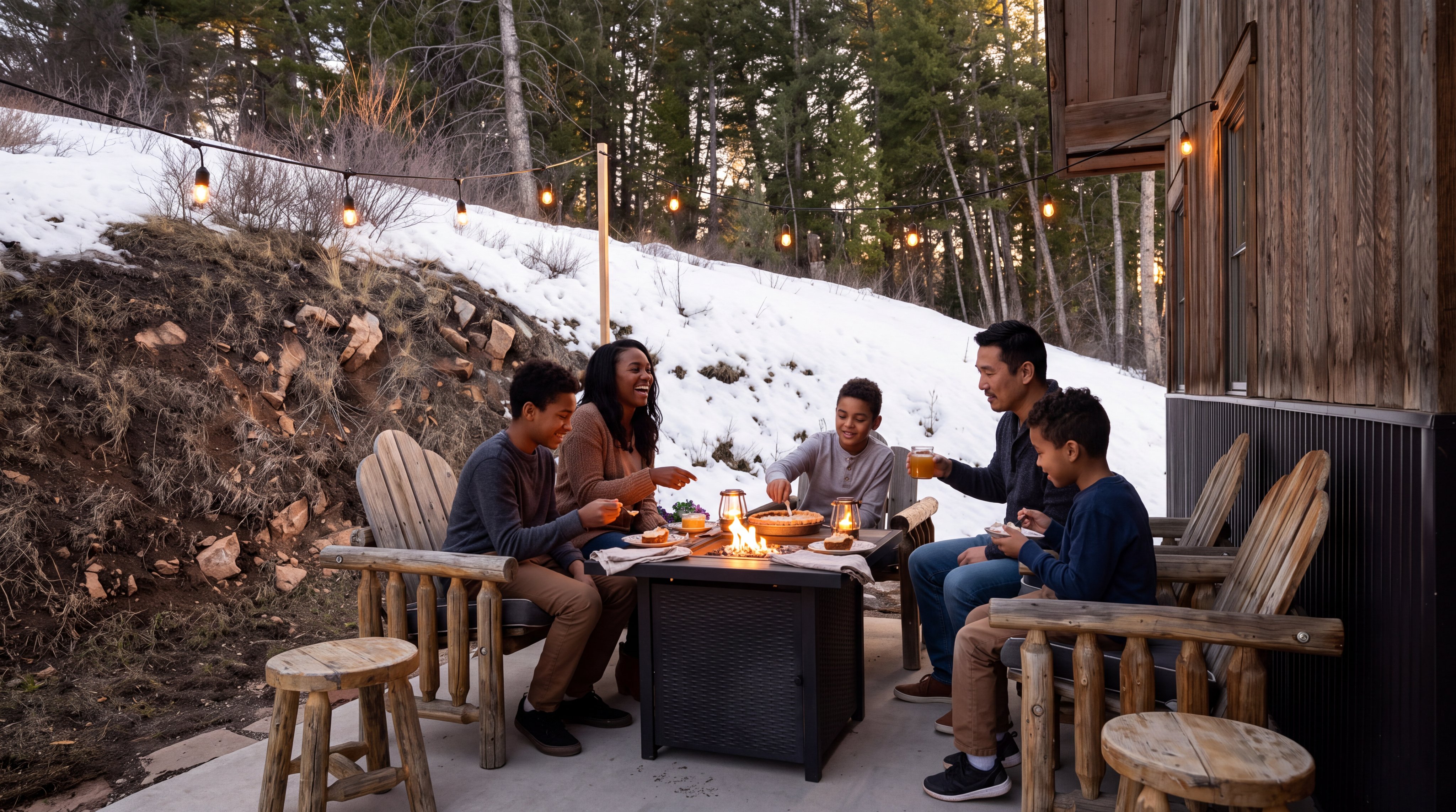 This outdoor patio space features a rustic, mountain-style aesthetic characterized by wooden log furniture and warm string lighting. A central fire pit table serves as a cozy gathering spot for family dining against a backdrop of a snow-dusted hillside and forest. The design emphasizes a comfortable, inviting transition between indoor living and the natural environment.