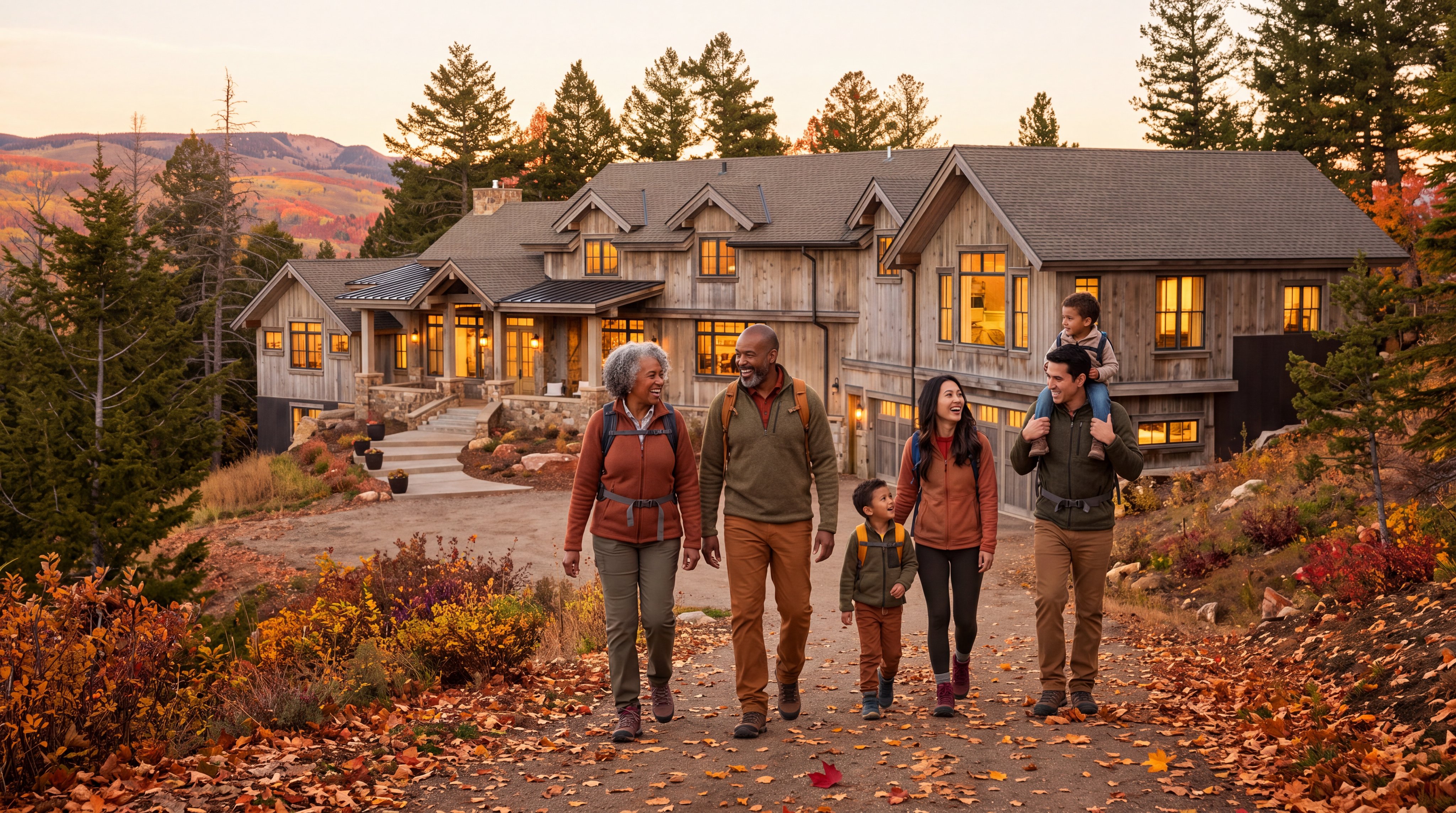 This expansive mountain estate features rustic wood siding and stone accents, perfectly integrated into a snowy, elevated landscape. The multi-level structure includes a prominent garage wing and a welcoming entryway, all illuminated by warm interior lighting that contrasts with the twilight sky. The perspective is captured from an elevated angle, showcasing the home's impressive scale and its secluded, scenic setting among tall pine trees.